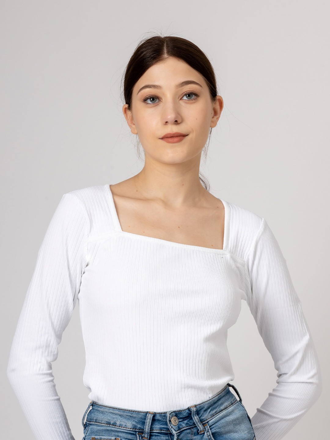 

Redamancii Women Vertical Striped Square Neck Polycotton Top, White