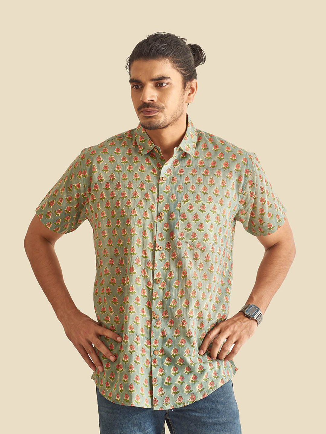

Patrah Men Spread Collar Floral Printed Cotton Relaxed Fit Casual Shirt, Olive