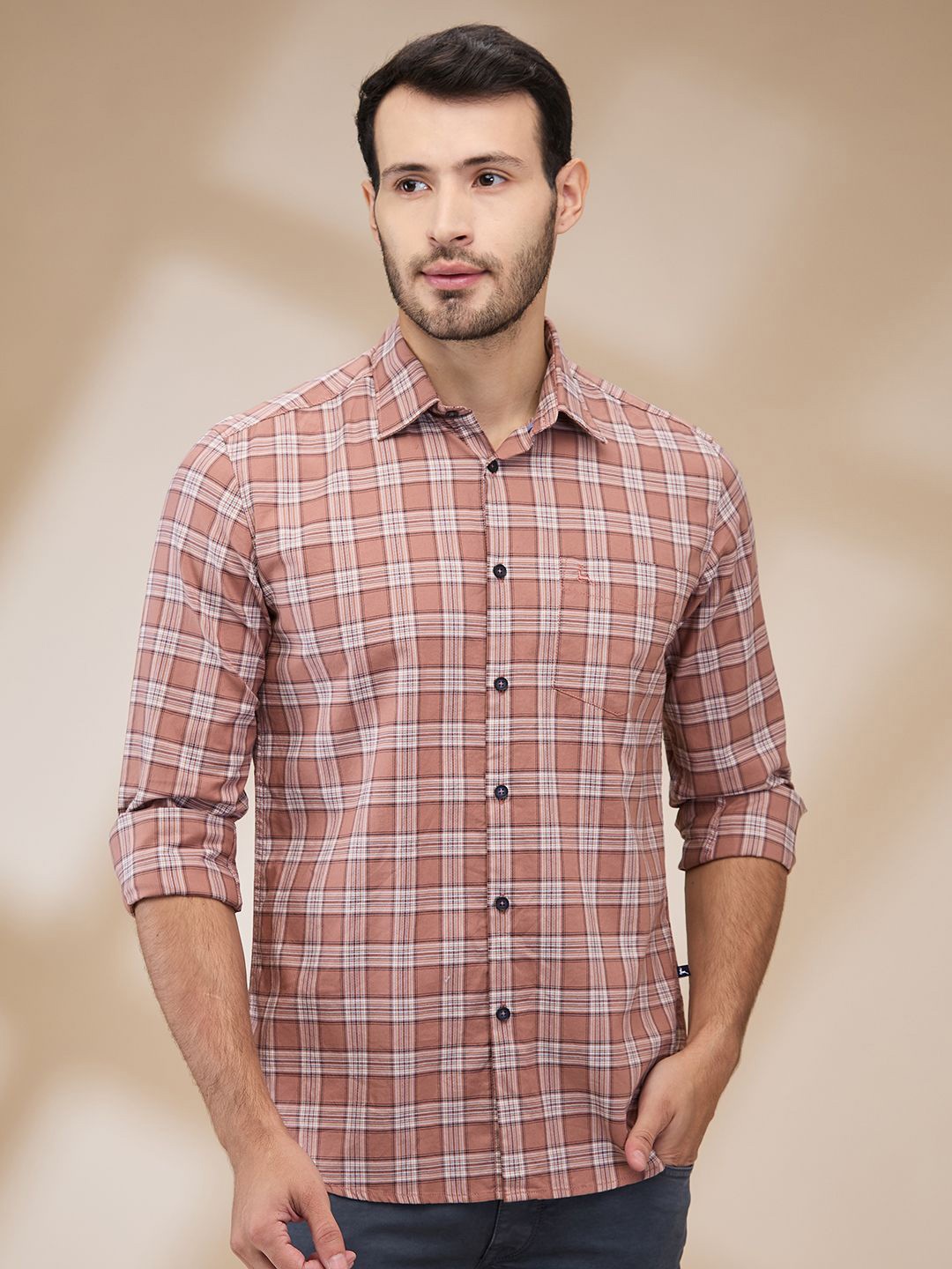 

Parx Men Spread Collar Tartan Checked Cotton Slim Fit Casual Shirt, Red