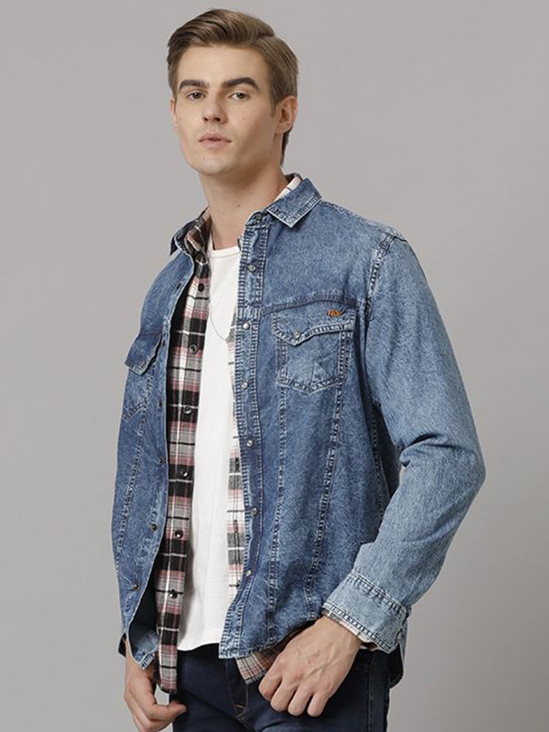 

TEMPLE OF DENIM Men India Slim Spread Collar Solid Denim Casual Shirt, Blue