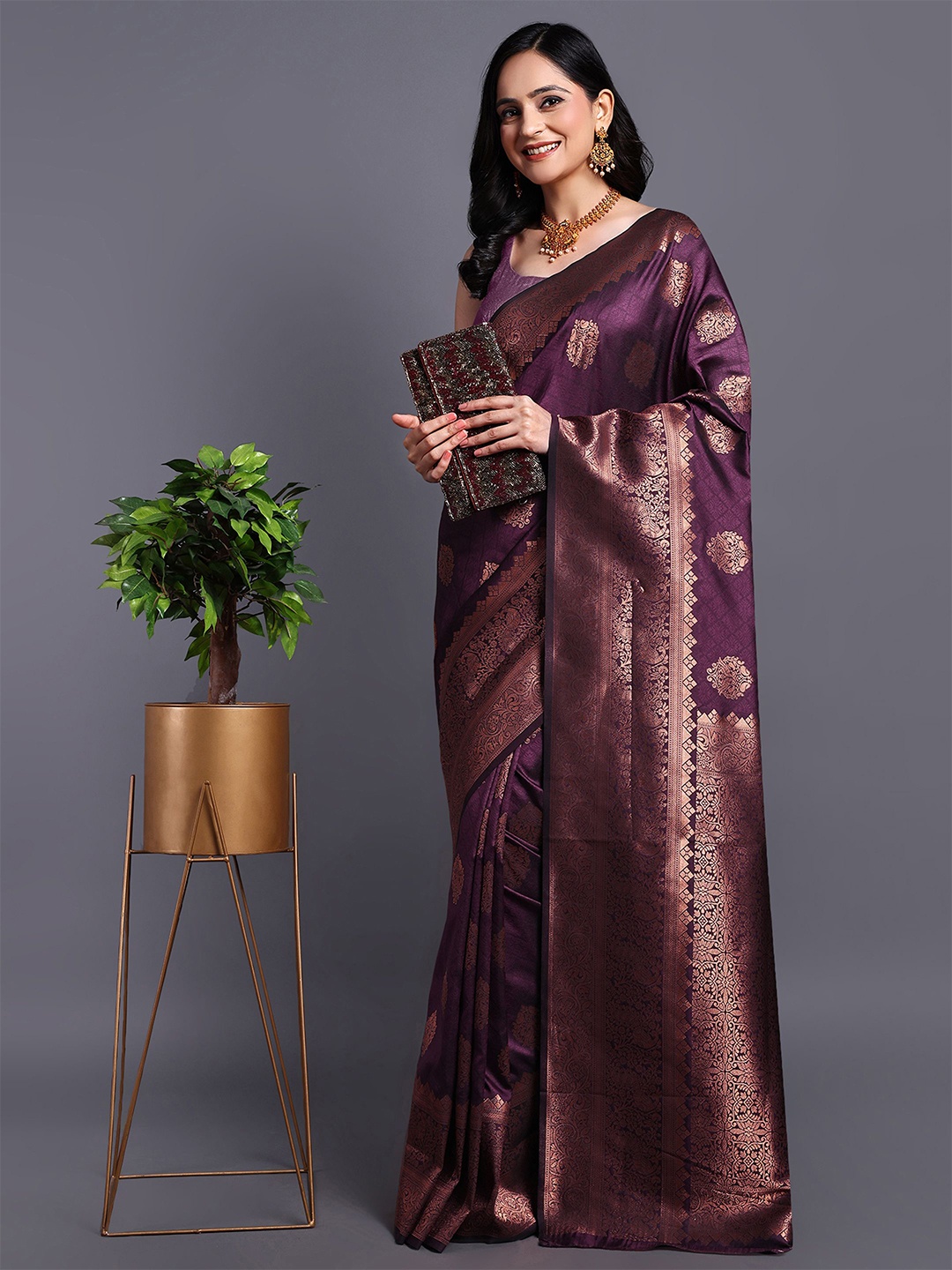 

SWAMI STUDIO Ethnic Motifs Zari Pure Cotton Kanjeevaram Saree, Burgundy