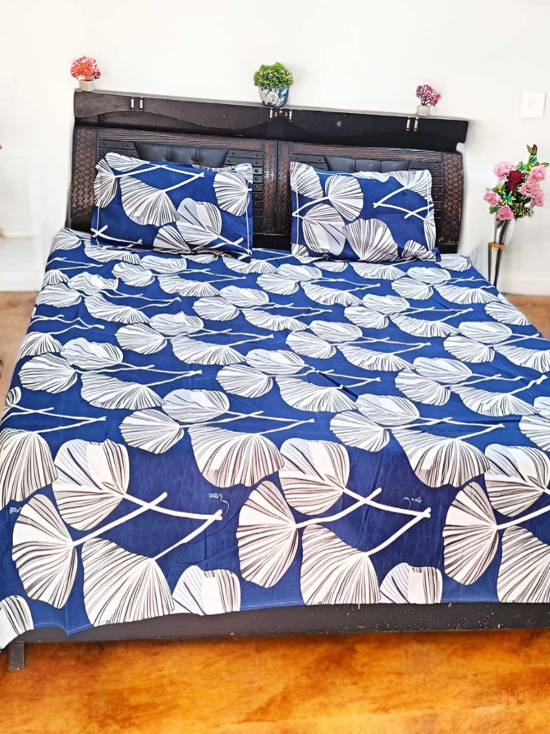 

V.R.ENTERPRISES Blue Floral Printed 210 TC Cotton Queen Bedsheet with 2 Pillow Covers