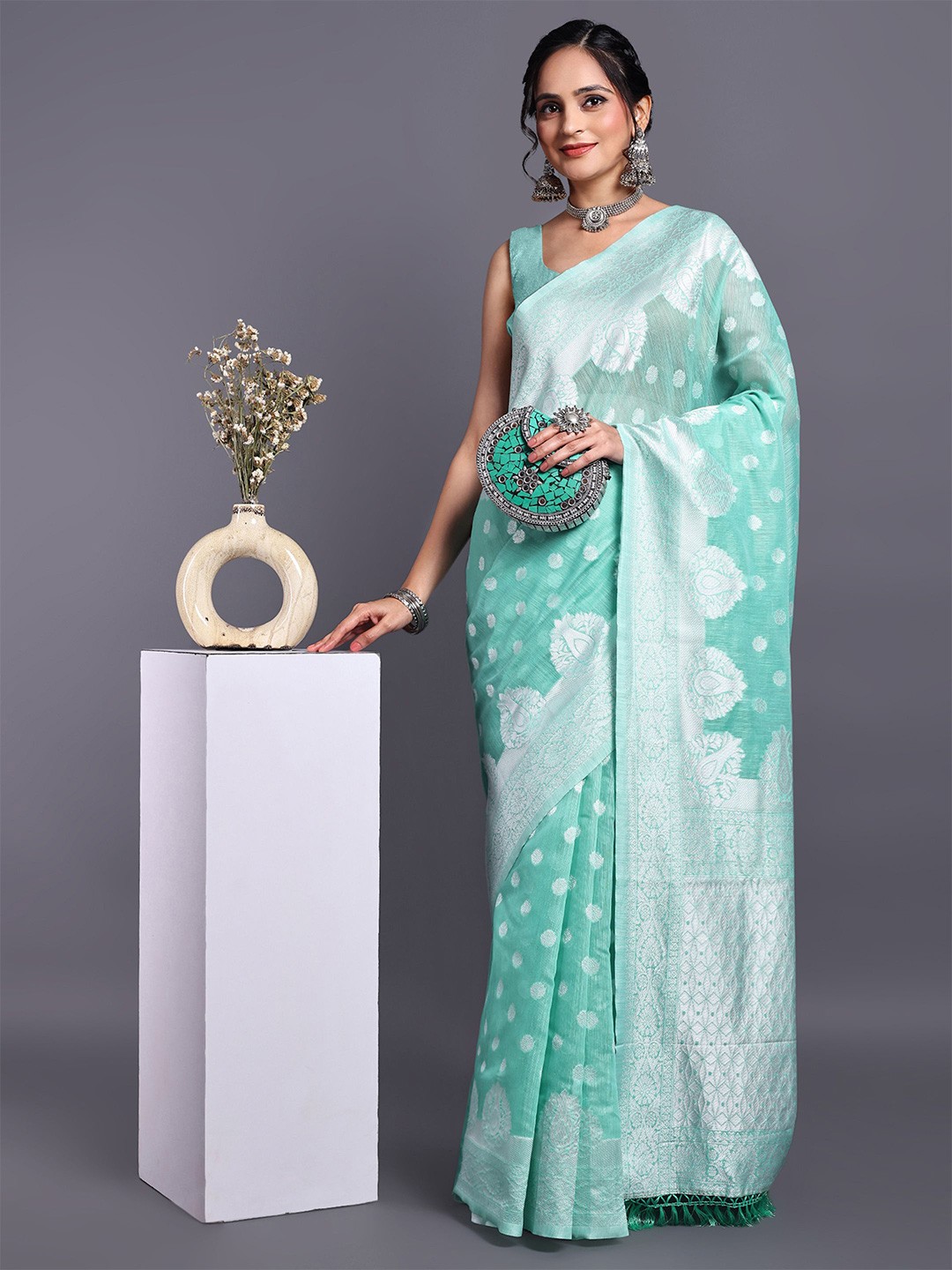 

SWAMI STUDIO Floral Pure Cotton Kanjeevaram Woven Design Saree, Blue