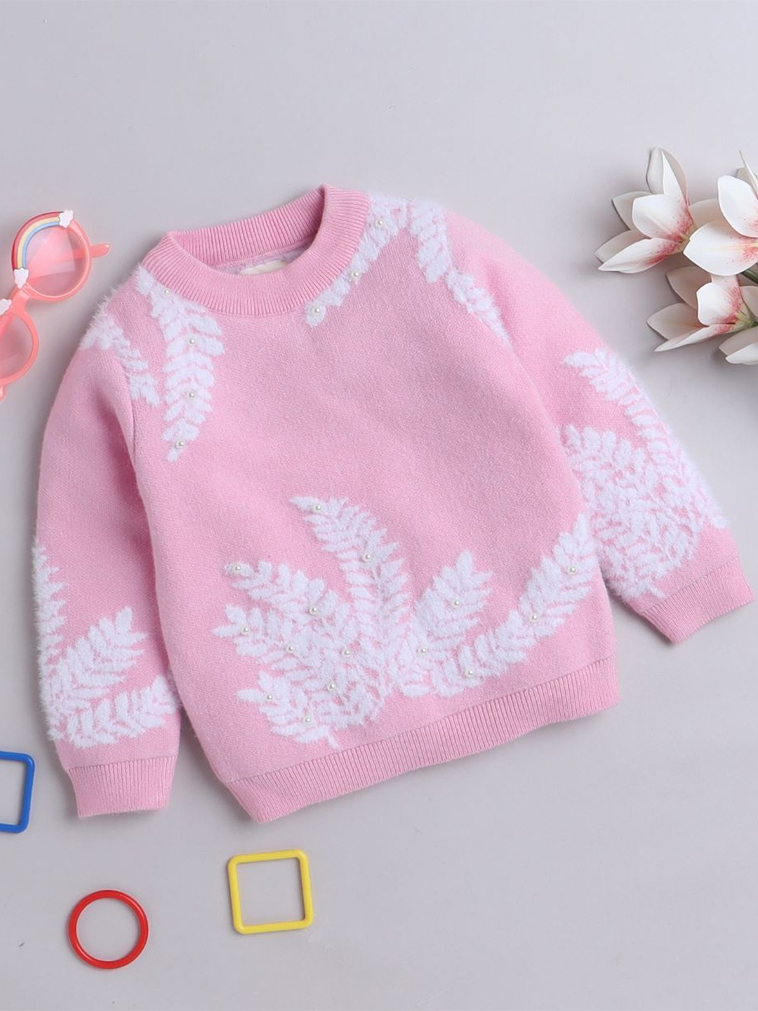 

Yellow Apple Girls Floral Embroidered Woollen Pullover, Pink