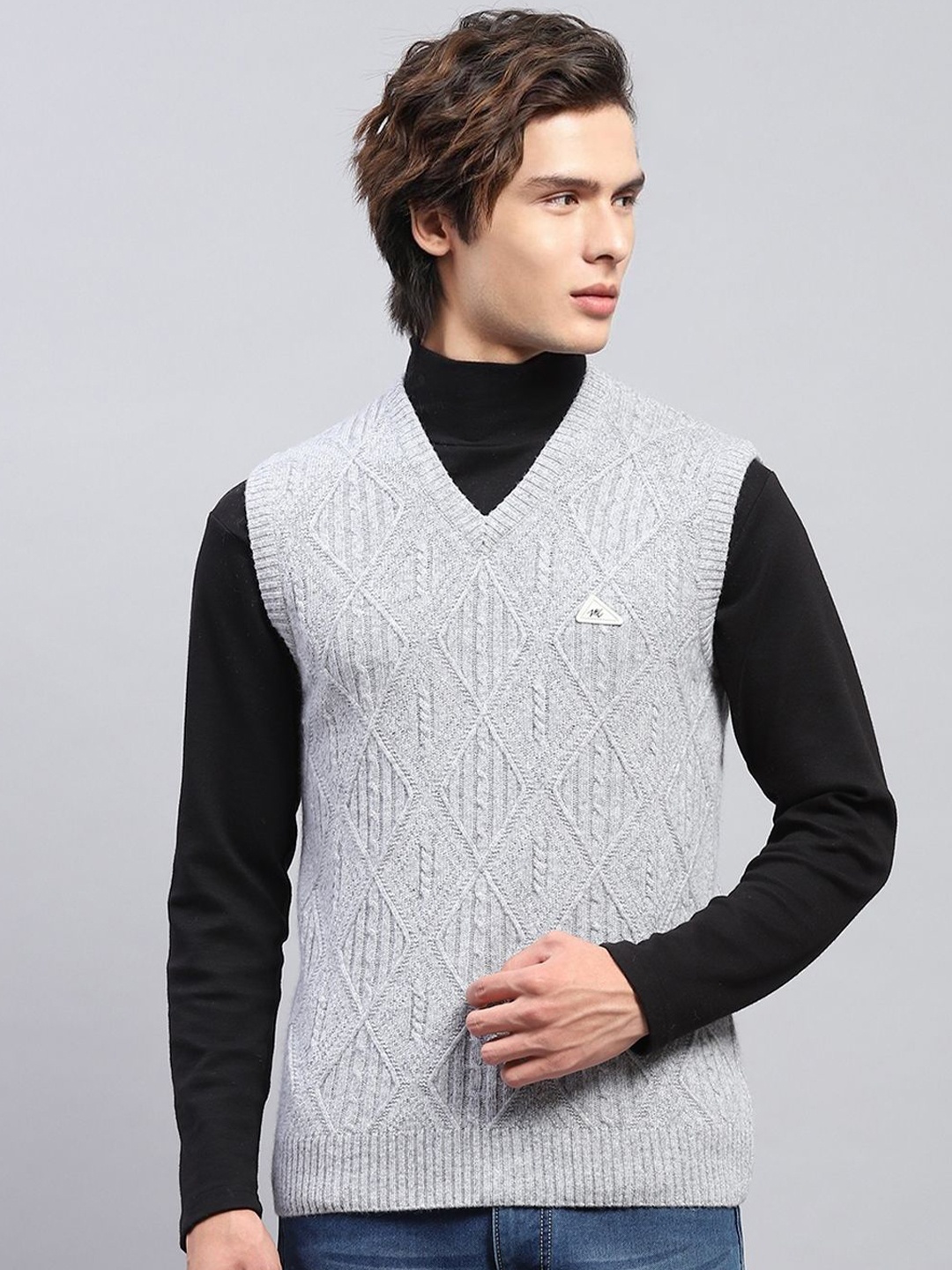 

Monte Carlo Men Self Design Cable Knit Woollen Sweater Vest, Grey