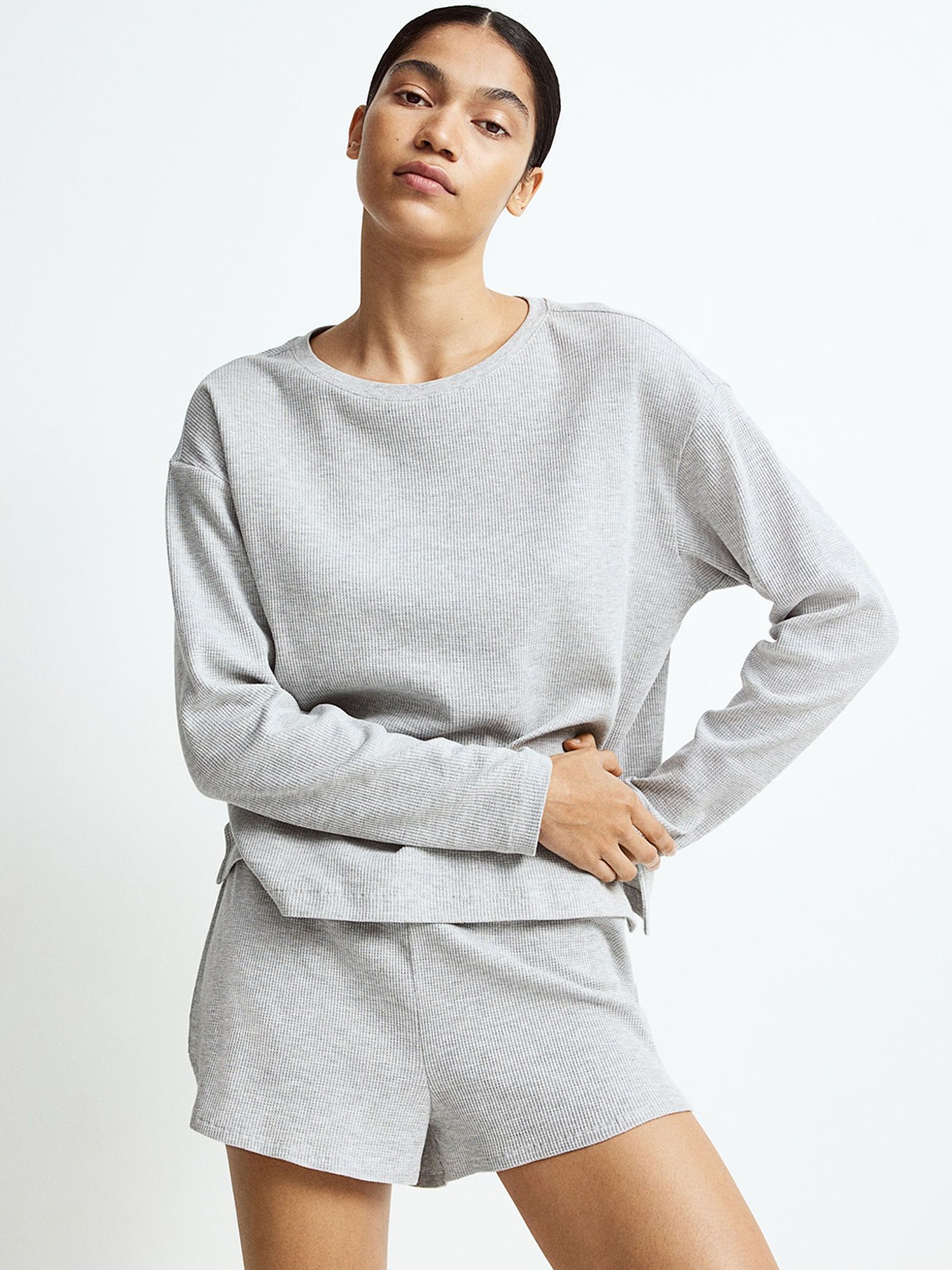 

H&M Waffled Night Suit, Grey