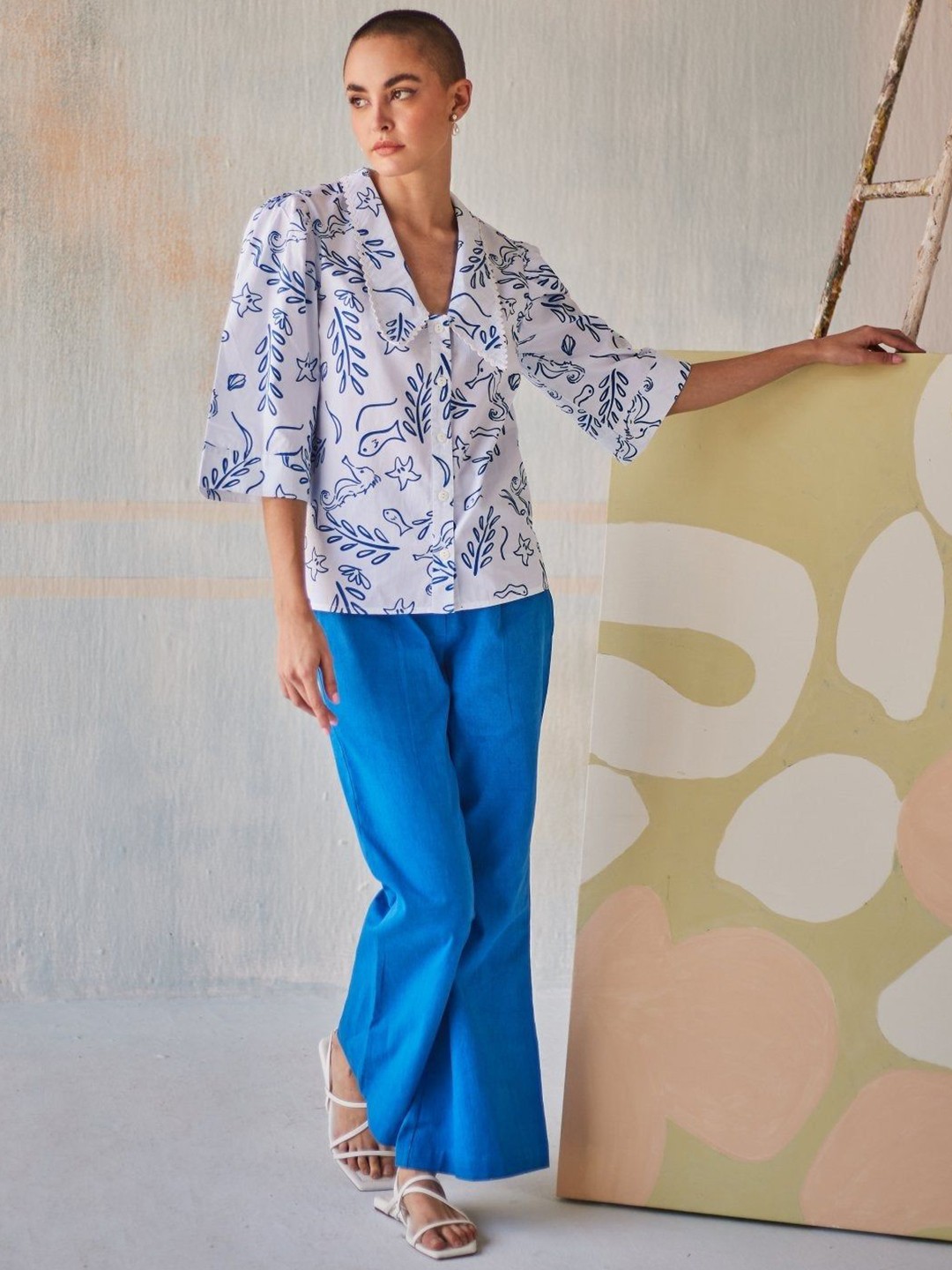 

Sage by Mala Levanzo Printed Pure Cotton Shirt With Trouser, Blue
