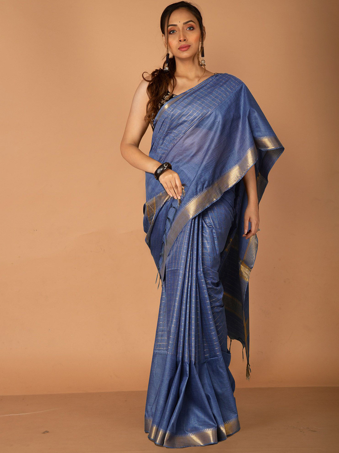 

Unnati Silks Woven Design Zari Silk Cotton Handloom Chanderi Saree, Blue