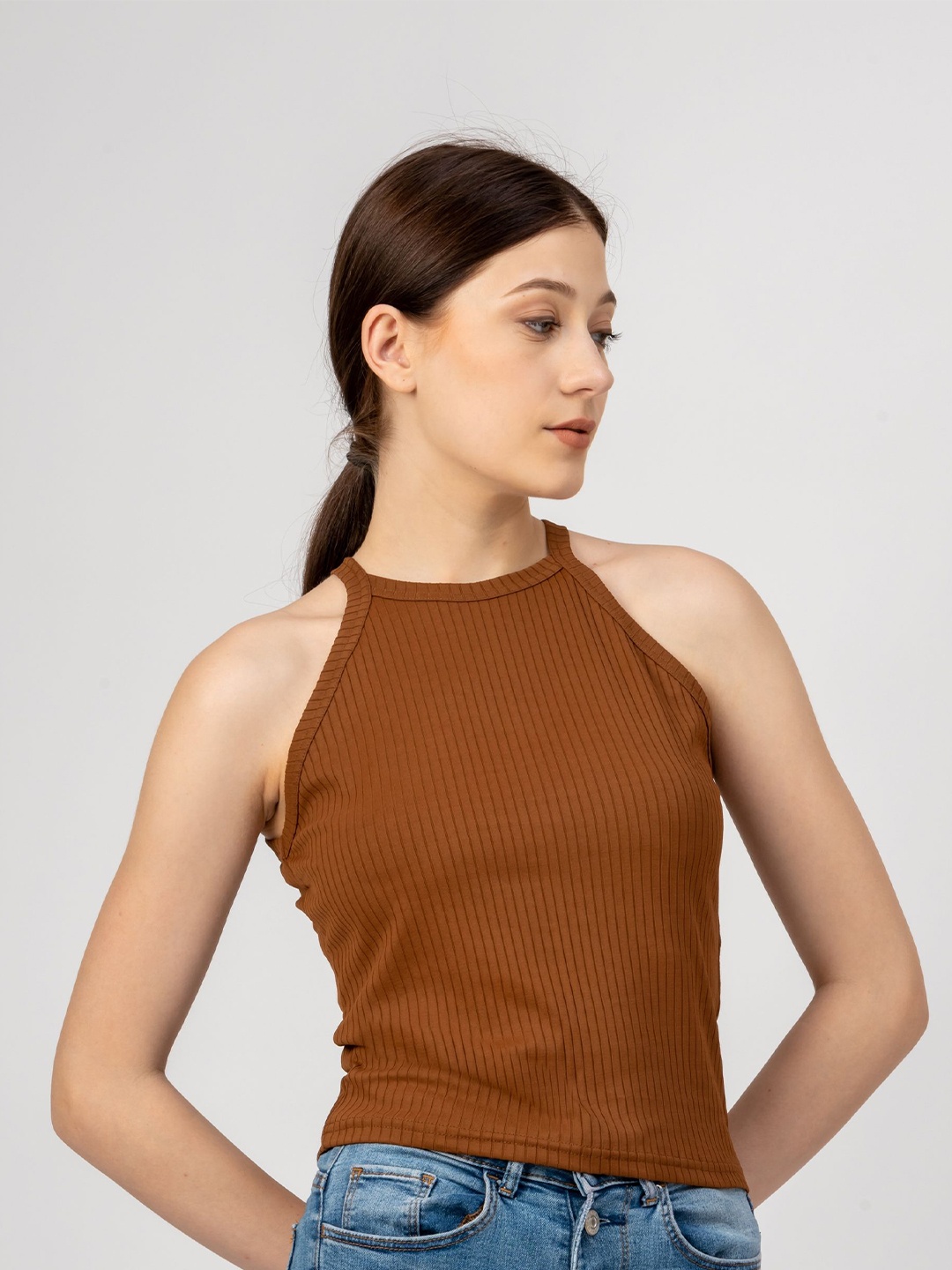 

Redamancii Women Vertical Striped Shoulder Straps Polycotton Top, Coffee brown