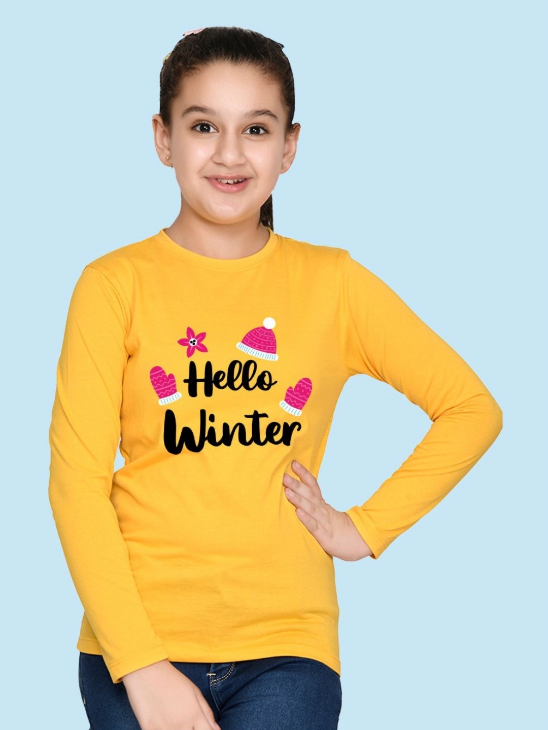 

NUSYL Girls Typography Printed Round Neck Cotton T-shirt, Yellow