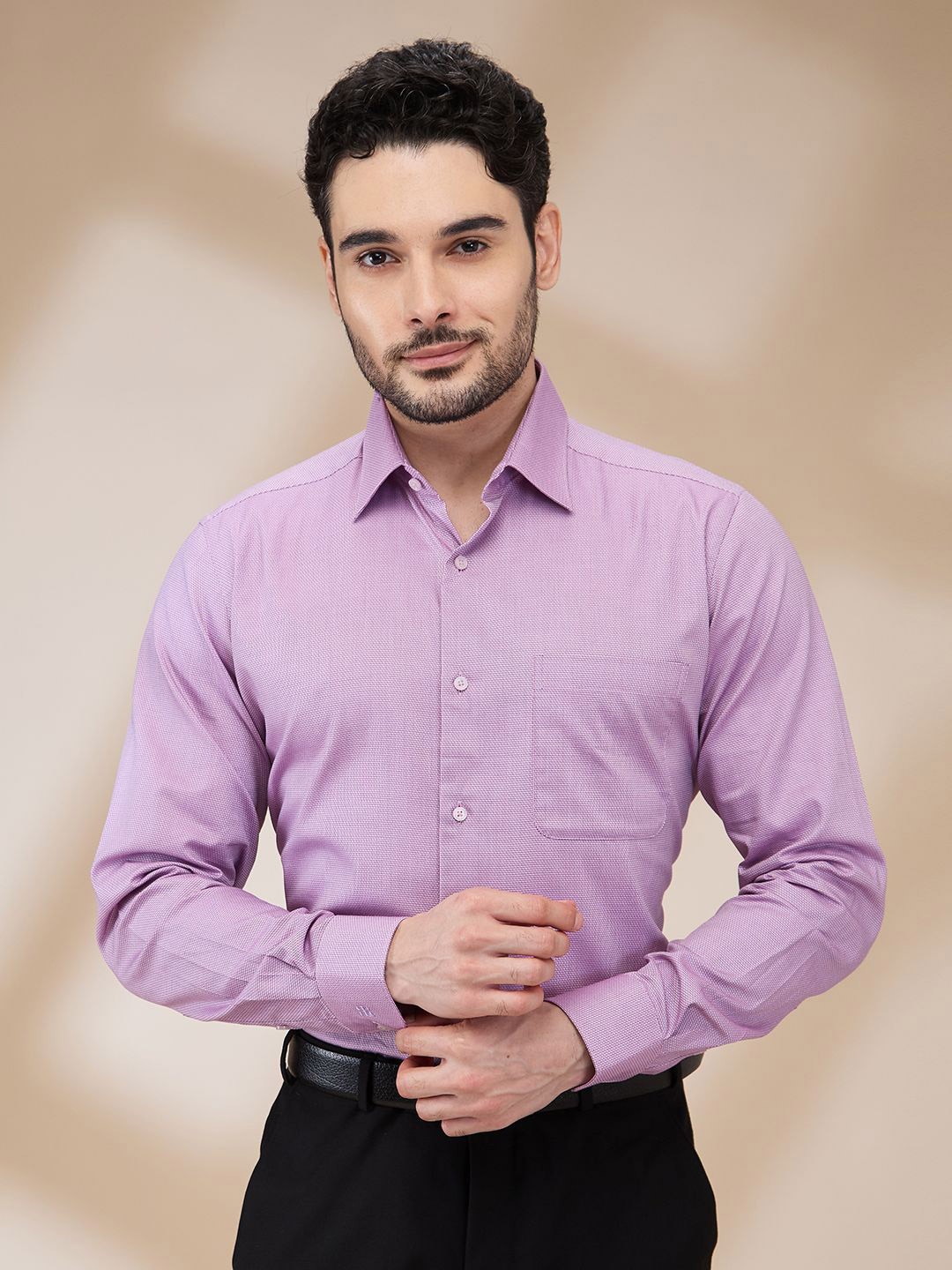 

Raymond Men Contemporary Spread Collar Textured Cotton Formal Shirt, Violet