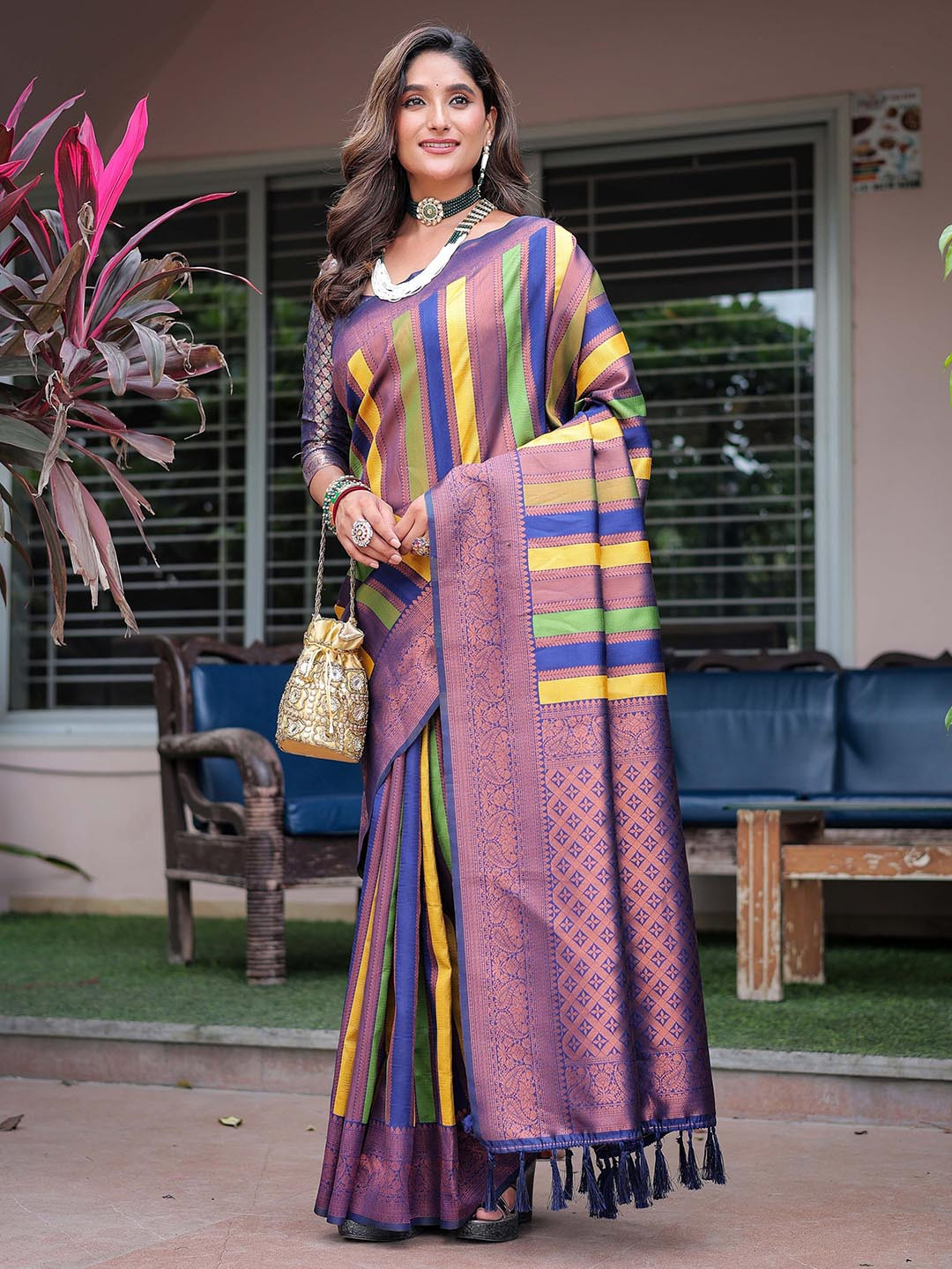 

Mitera Striped Zari Woven Design Kanjeevaram Saree, Blue