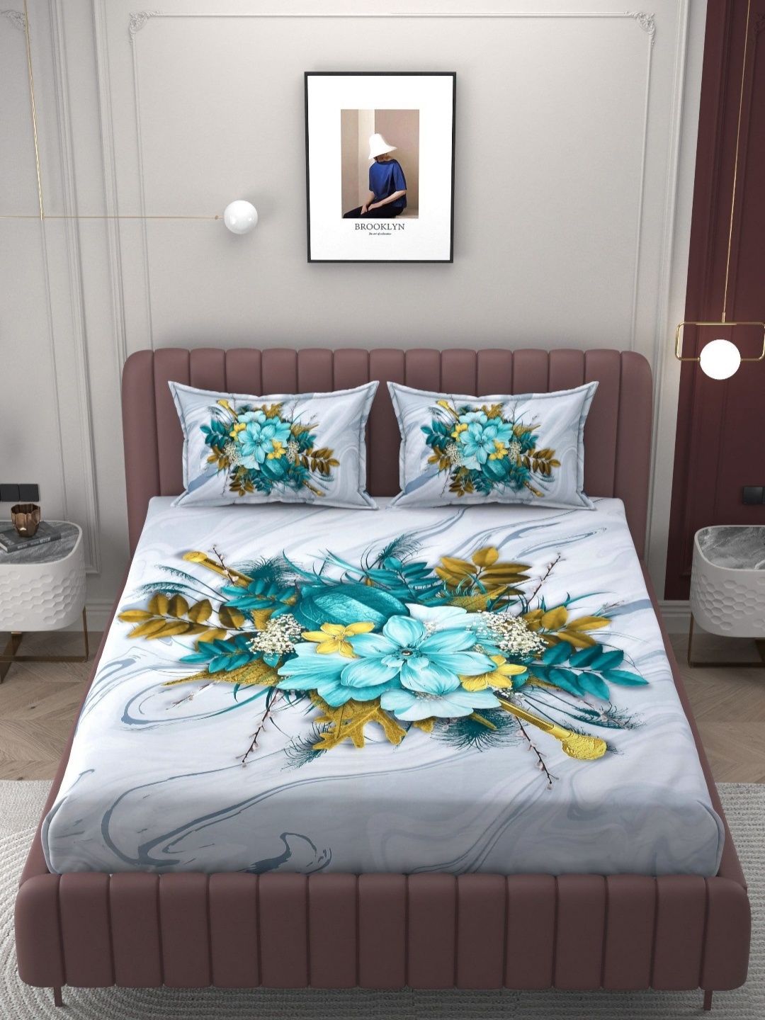

BELVOSTUM White & Blue Floral Cotton 250 TC King Bedsheet with 2 Pillow Covers