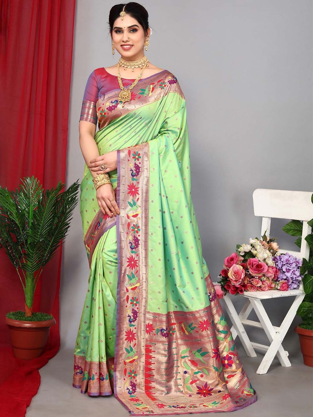 

LeeliPeeri Designer Zari Paithani Saree, Green