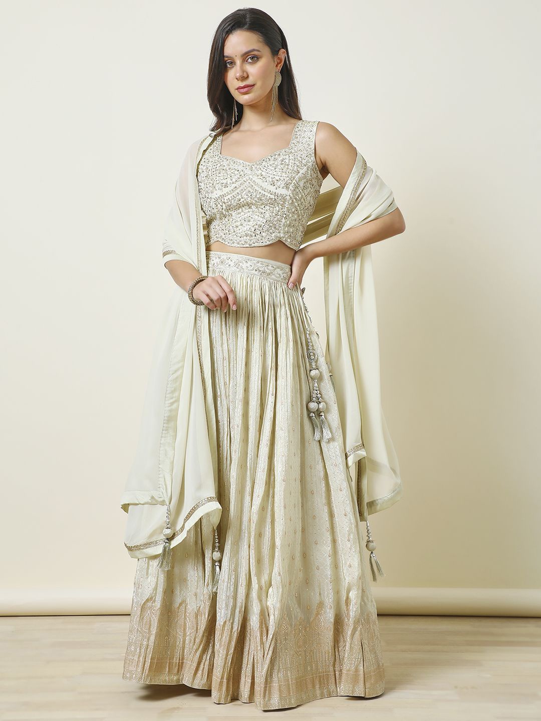 

Soch Embroidered Mirror Work Ready to Wear Lehenga & Blouse With Dupatta, Cream
