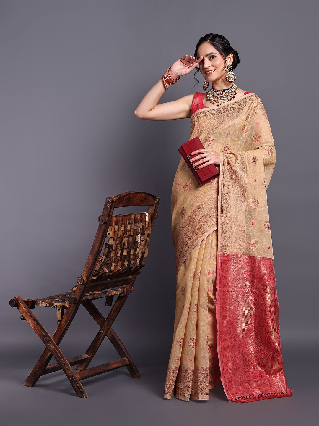 

SWAMI STUDIO Ethnic Motif Woven Design Zari Pure Cotton Kanjeevaram Saree, Cream