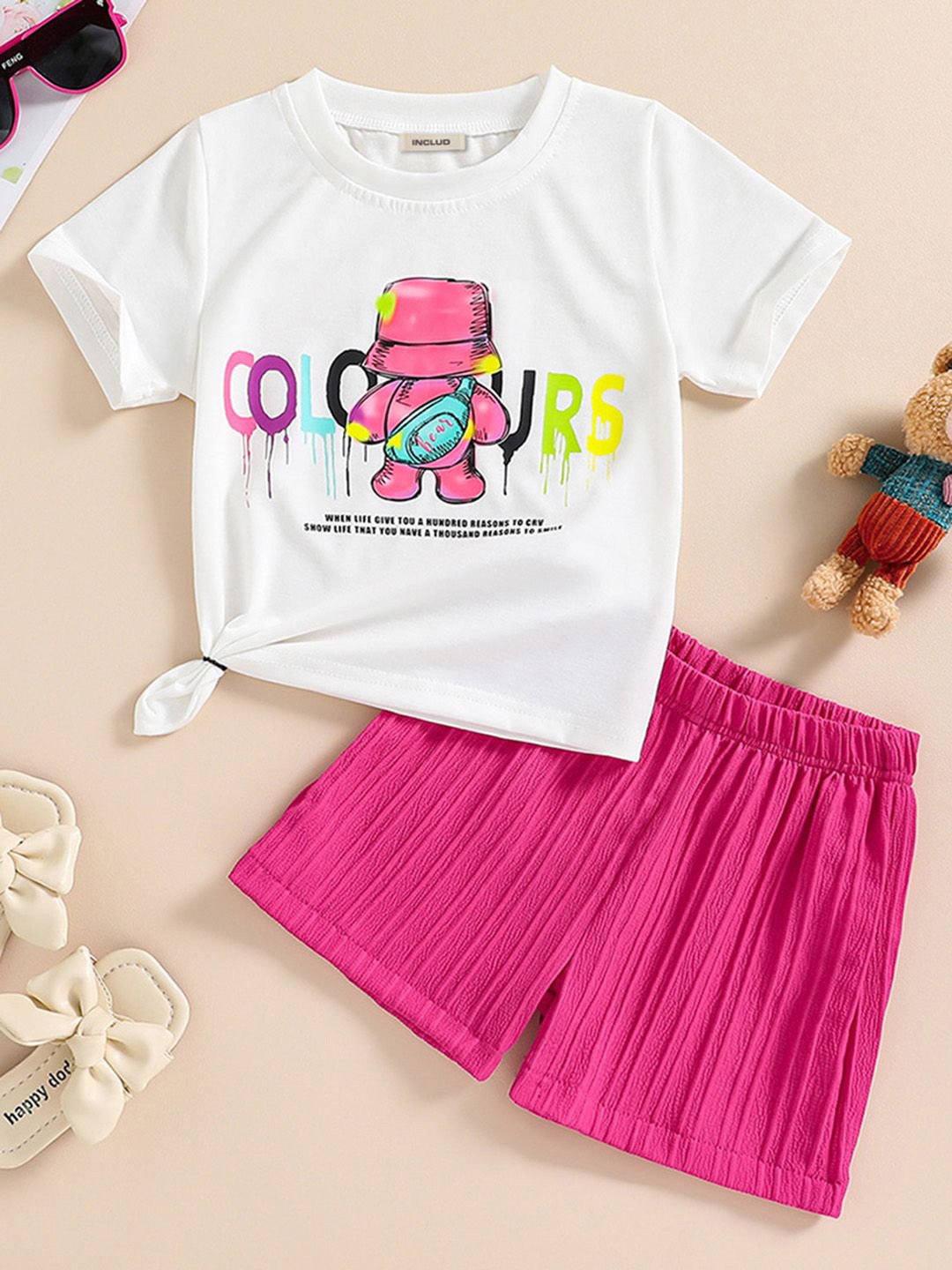 

INCLUD Girls Graphic Printed T-shirt With Shorts, White