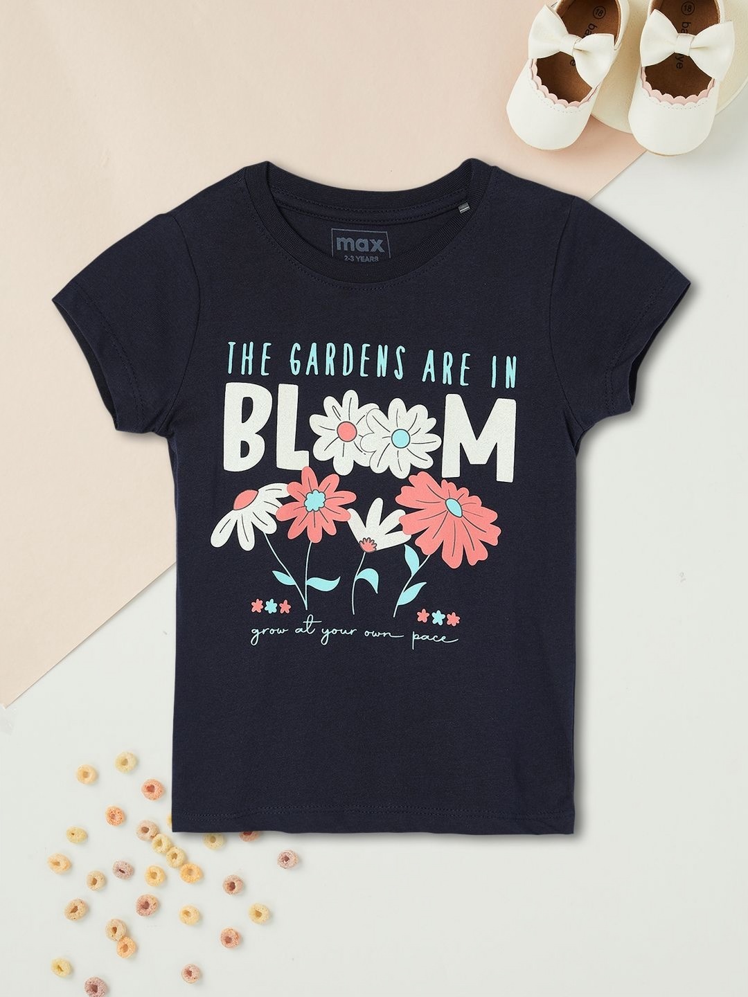 

max Girls Graphic Printed Round Neck Cotton T-shirt, Navy blue
