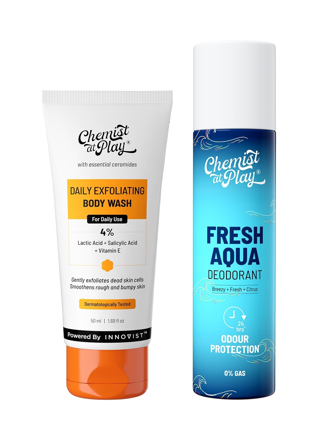 

Chemist at Play Set Of 2 Fresh Aqua Deodorant-120ml & Exfoliating Body Wash Combo-50ml, Multi