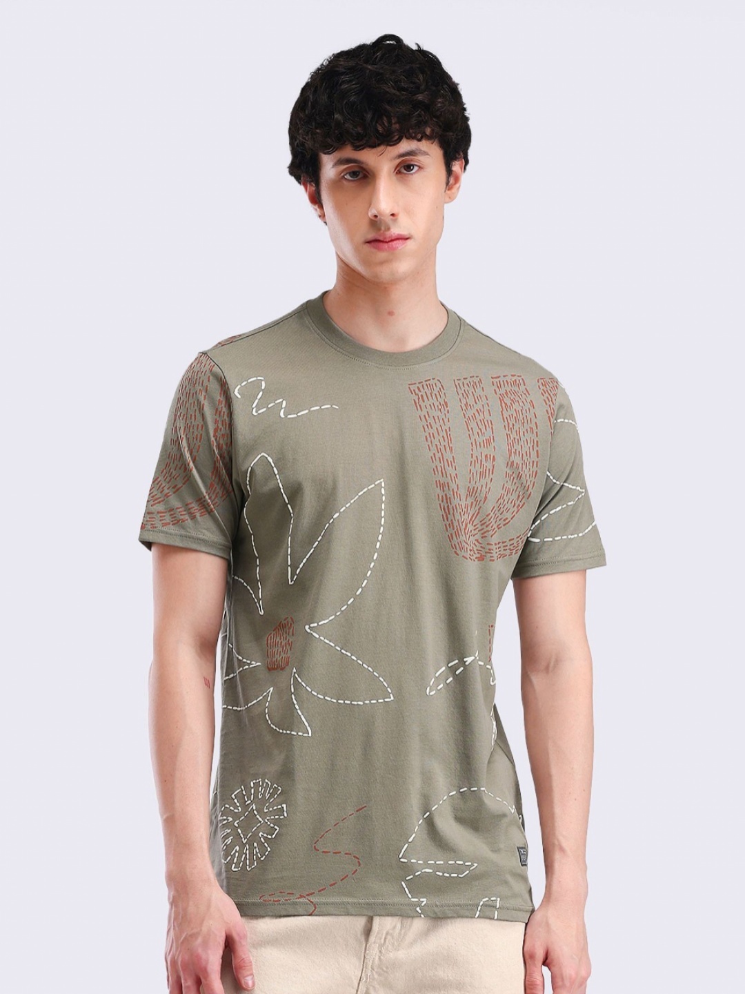 

Flying Machine Men Conversational Printed Round Neck Cotton T-shirt, Green