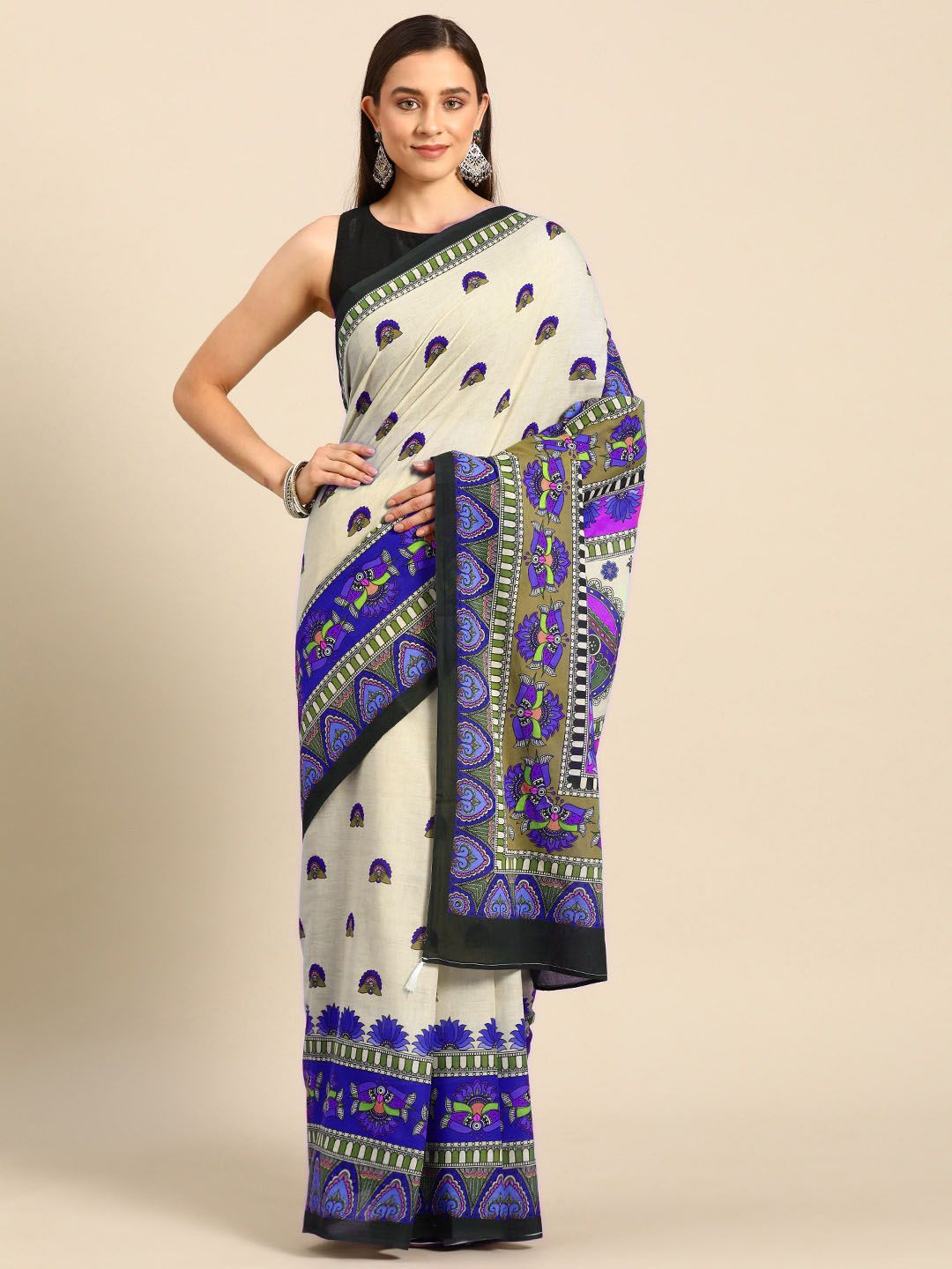 

BUTA BUTI Ethnic Motifs Printed Pure Cotton Saree, Off white