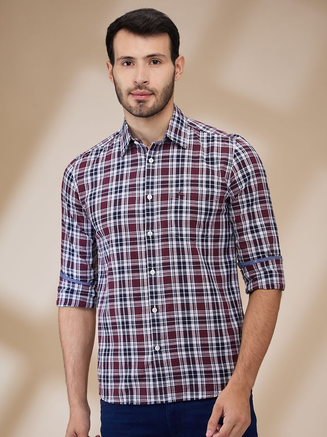 

Parx Men Spread Collar Tartan Checked Cotton Slim Fit Casual Shirt, Red