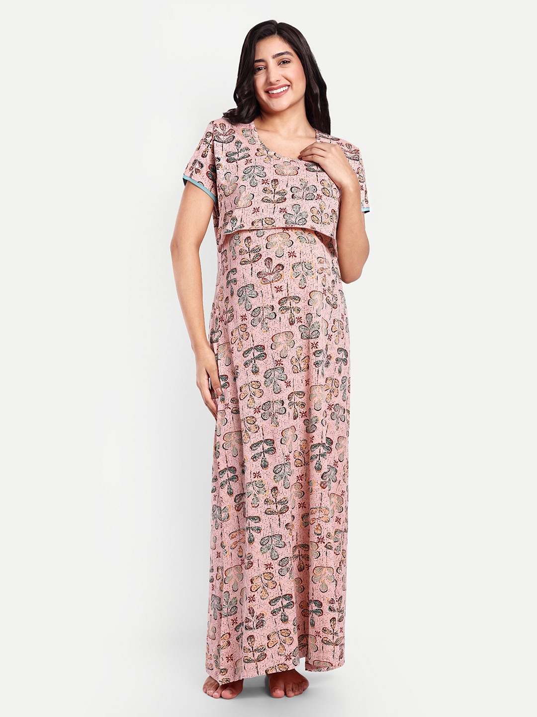 

THE MAMA KLUB Women Printed Pure Cotton Maxi Maternity Nightdress, Peach