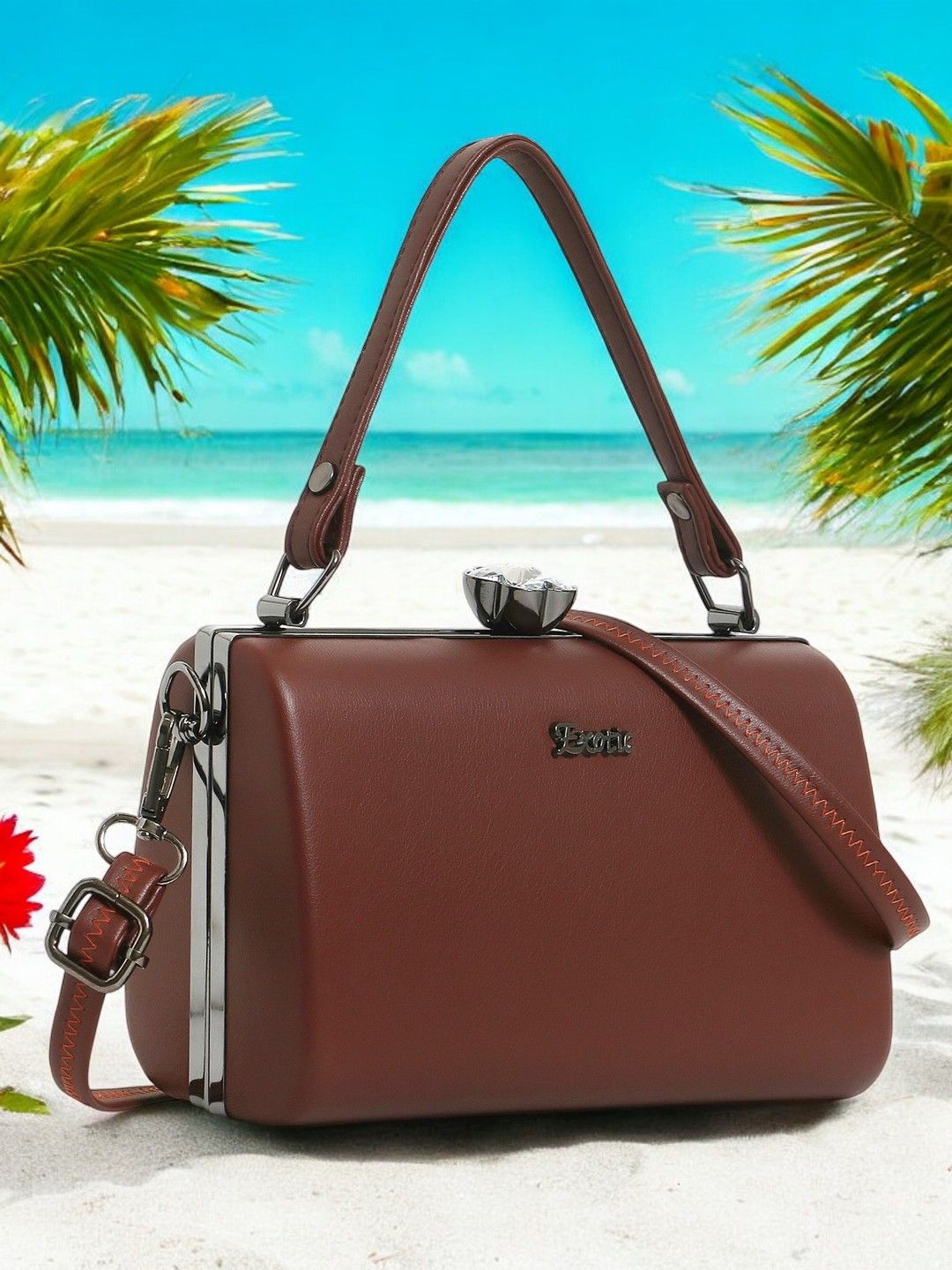 

Exotic Shoulder Strap Box Clutch, Brown