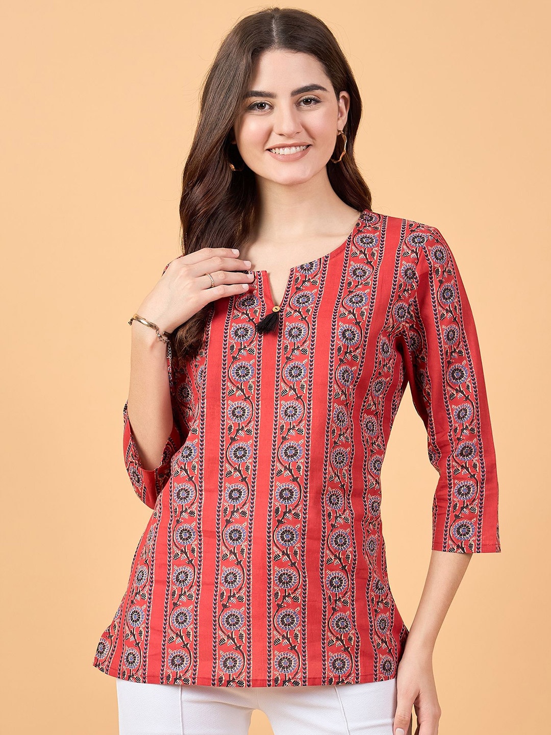 

NEESH Women Ethnic Motifs Printed Round Neck Cotton Top, Maroon