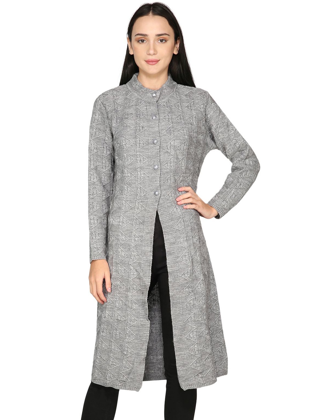 

HAUTEMODA Women Ribbed Self Design Longline Cardigan, Grey