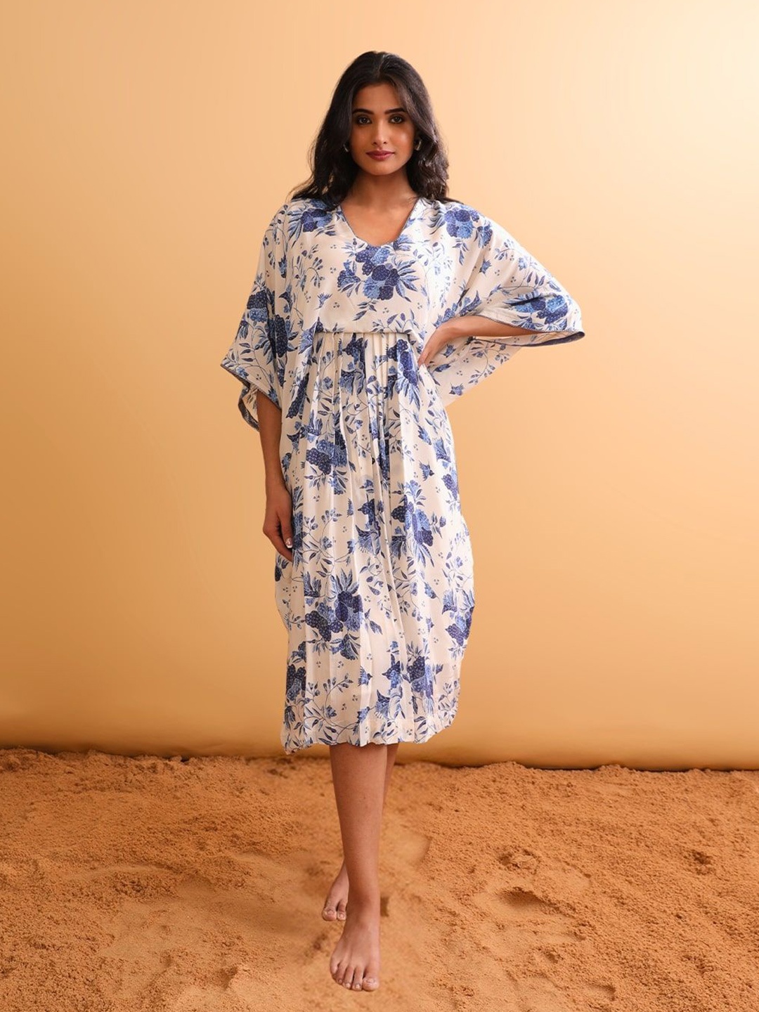 

NH KAPDEWALA Women Floral Print Crepe Fit and Flare Midi Dress, White