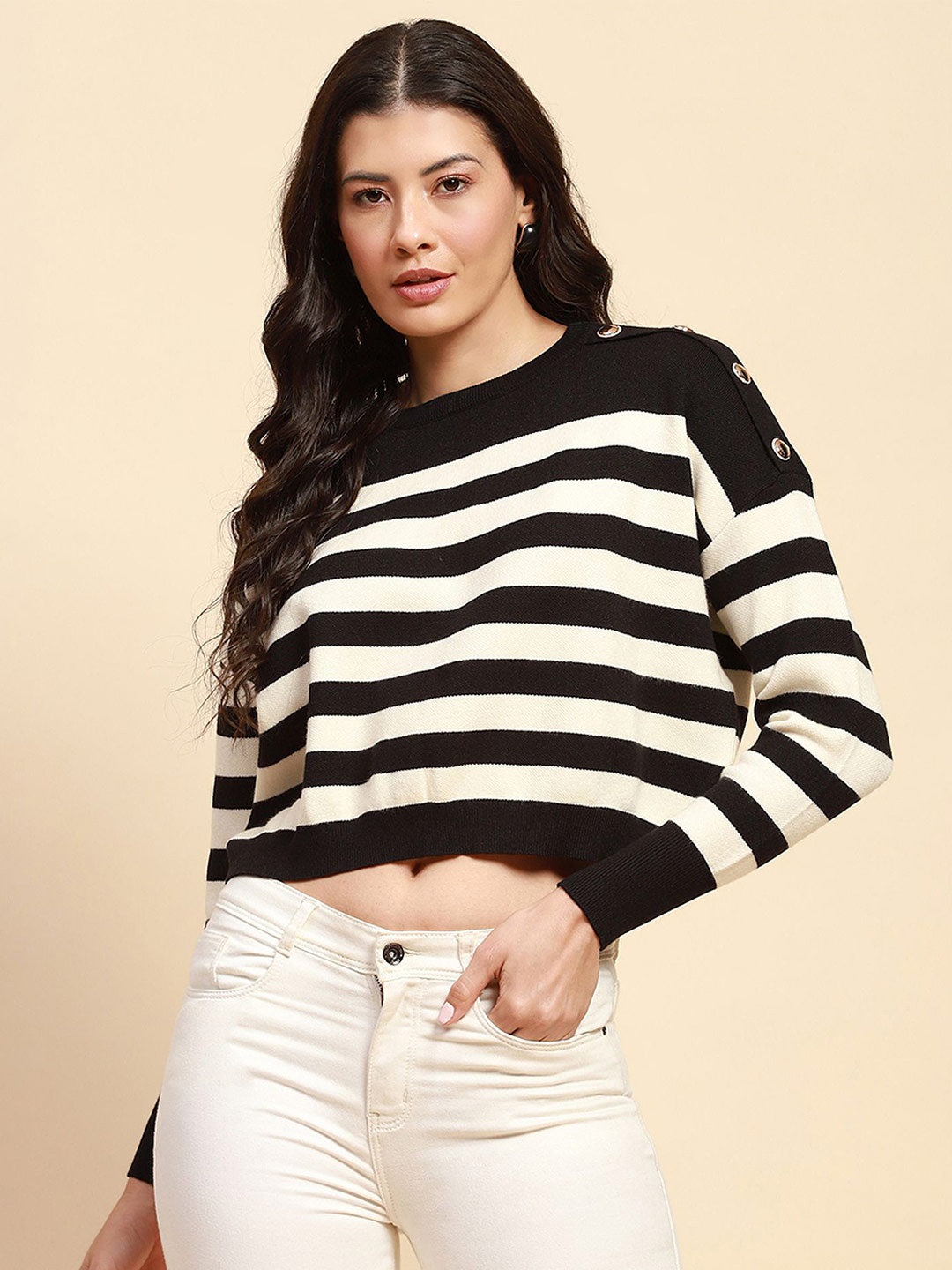

Global Republic Women Striped Pullover, Black