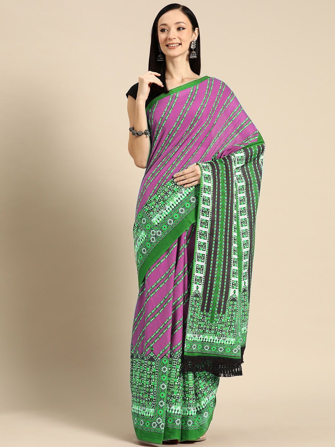 

BUTA BUTI Striped Printed Pure Cotton Saree, Green