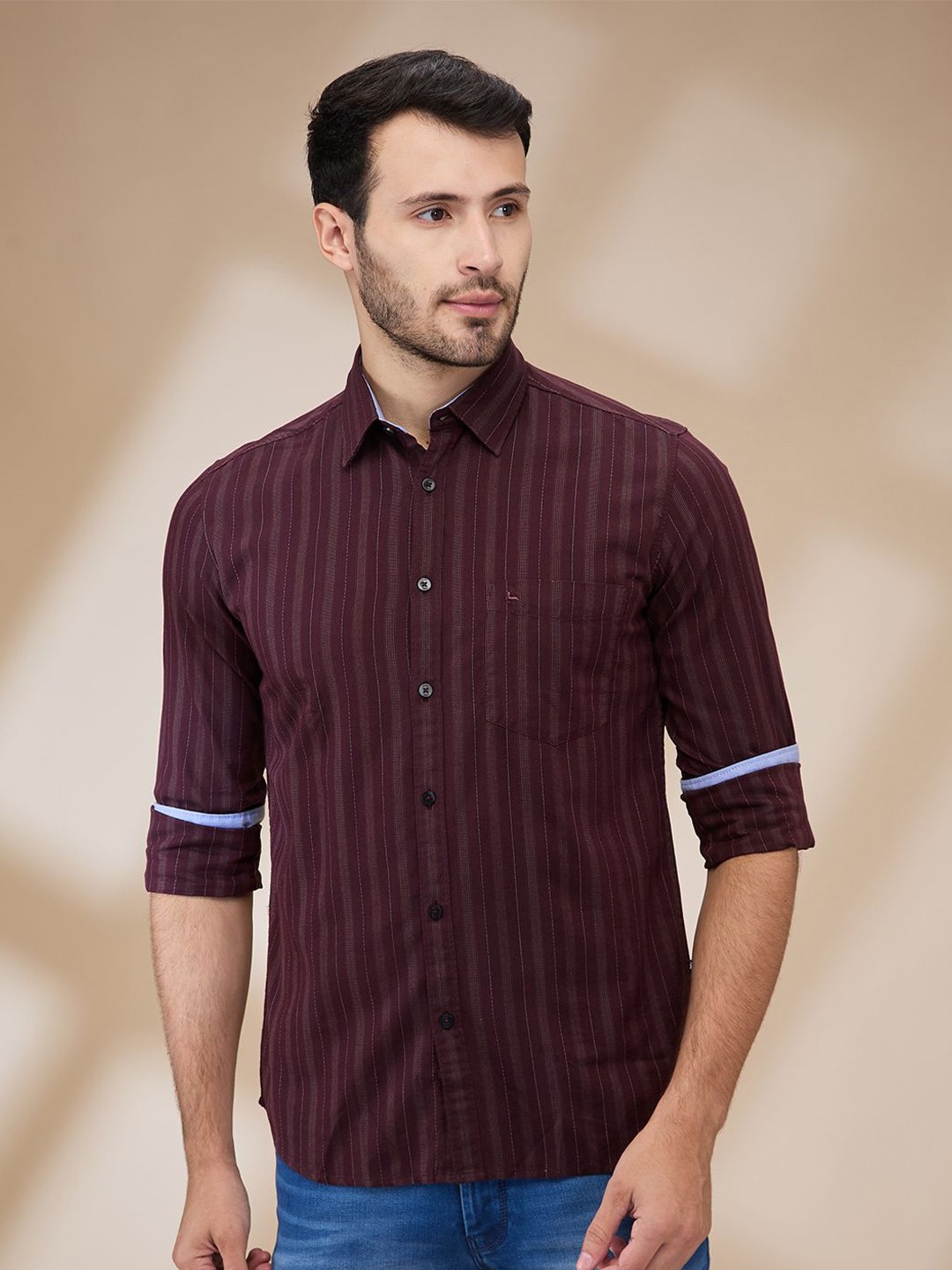 

Parx Men Spread Collar Vertical Striped Cotton Slim Fit Casual Shirt, Red