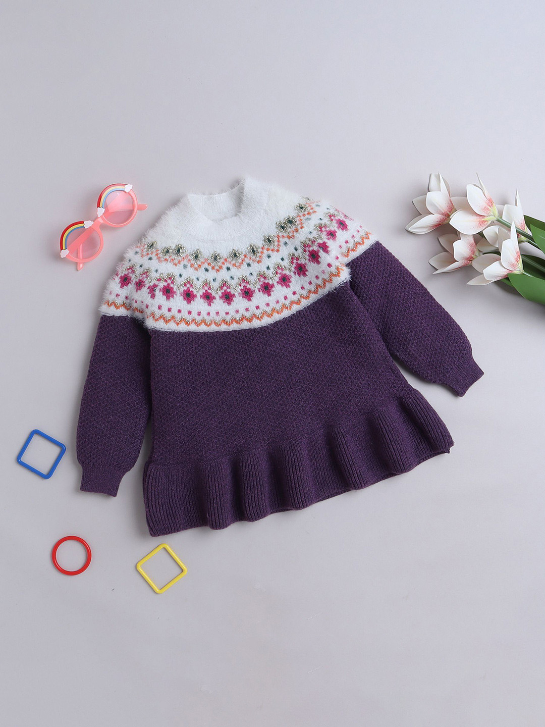 

Yellow Apple Girls Self Design Cable Knit Woollen Pullover, Purple