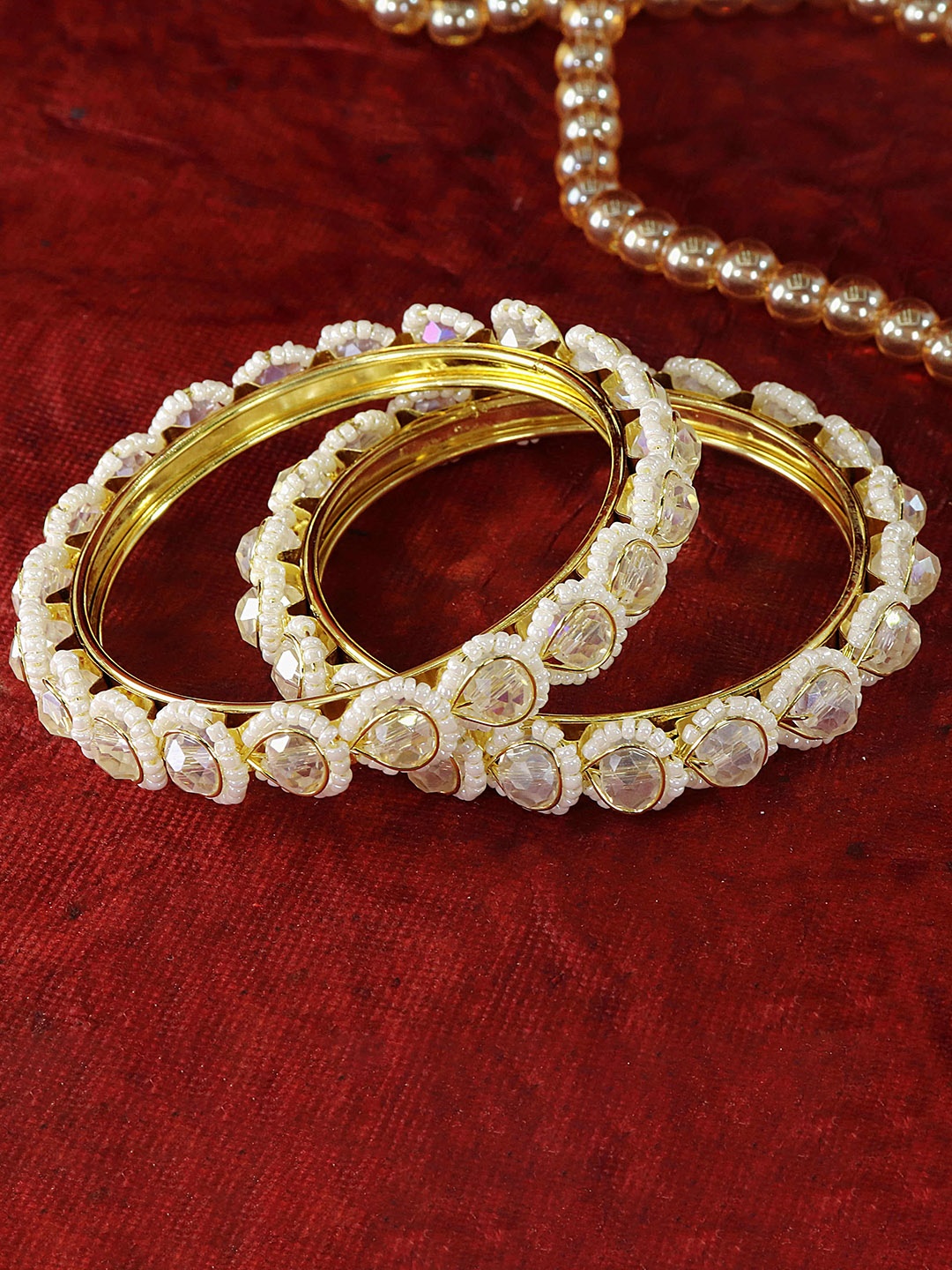 

NMII Set Of 2 Artificial Stones Studded & Pearls Bangles, Gold
