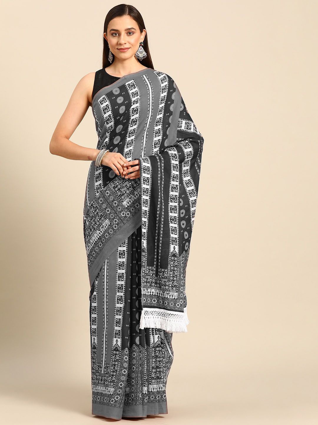 

BUTA BUTI Abstract Printed Pure Cotton Sarees, Grey