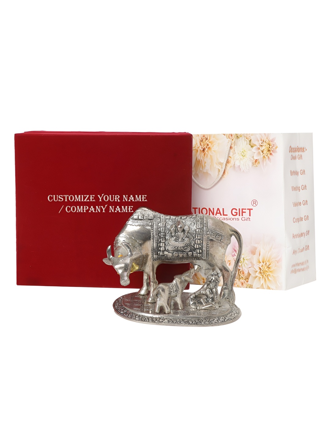 

INTERNATIONAL GIFT Silver-Toned Kamdhenu Cow Statue With Tag & Velvet Box