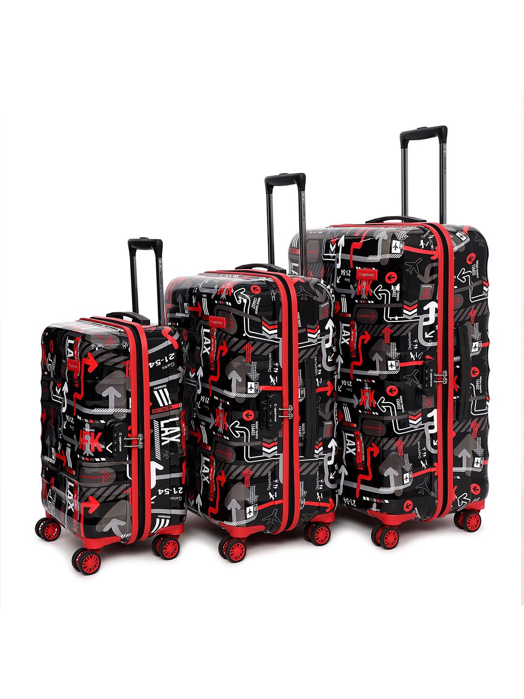 

uppercase Pack Of 3 Printed Hard-Sided 360-Degree Rotation Trolley Bags, Black