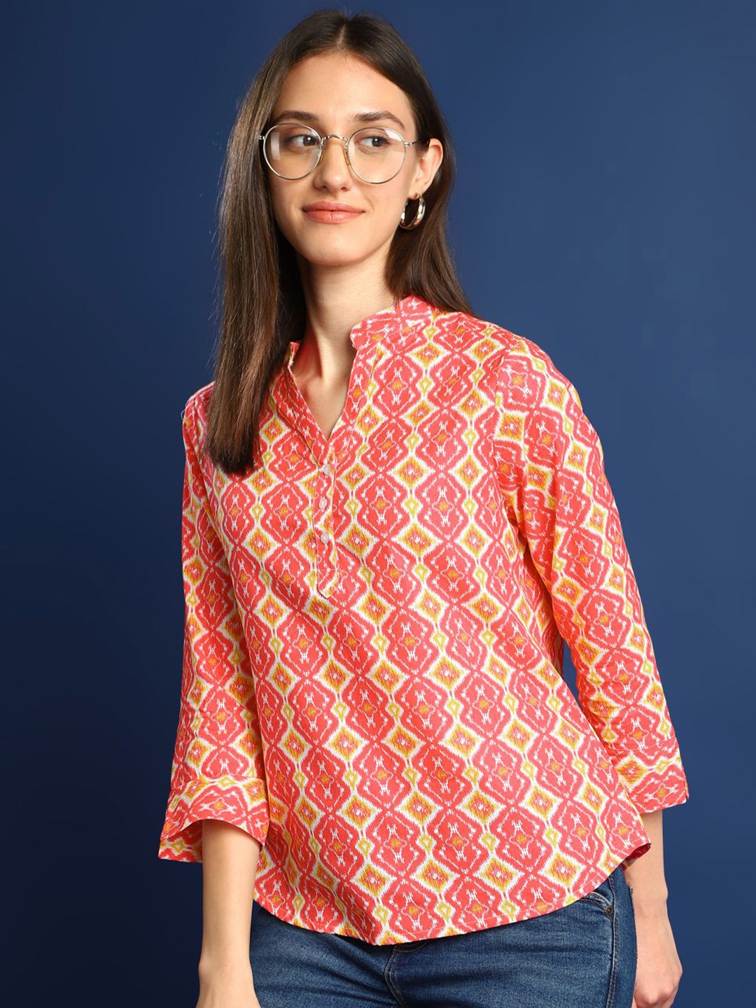 

Hancock Women Print Mandarin Collar Ethnic Cotton Shirt Style Top, Pink