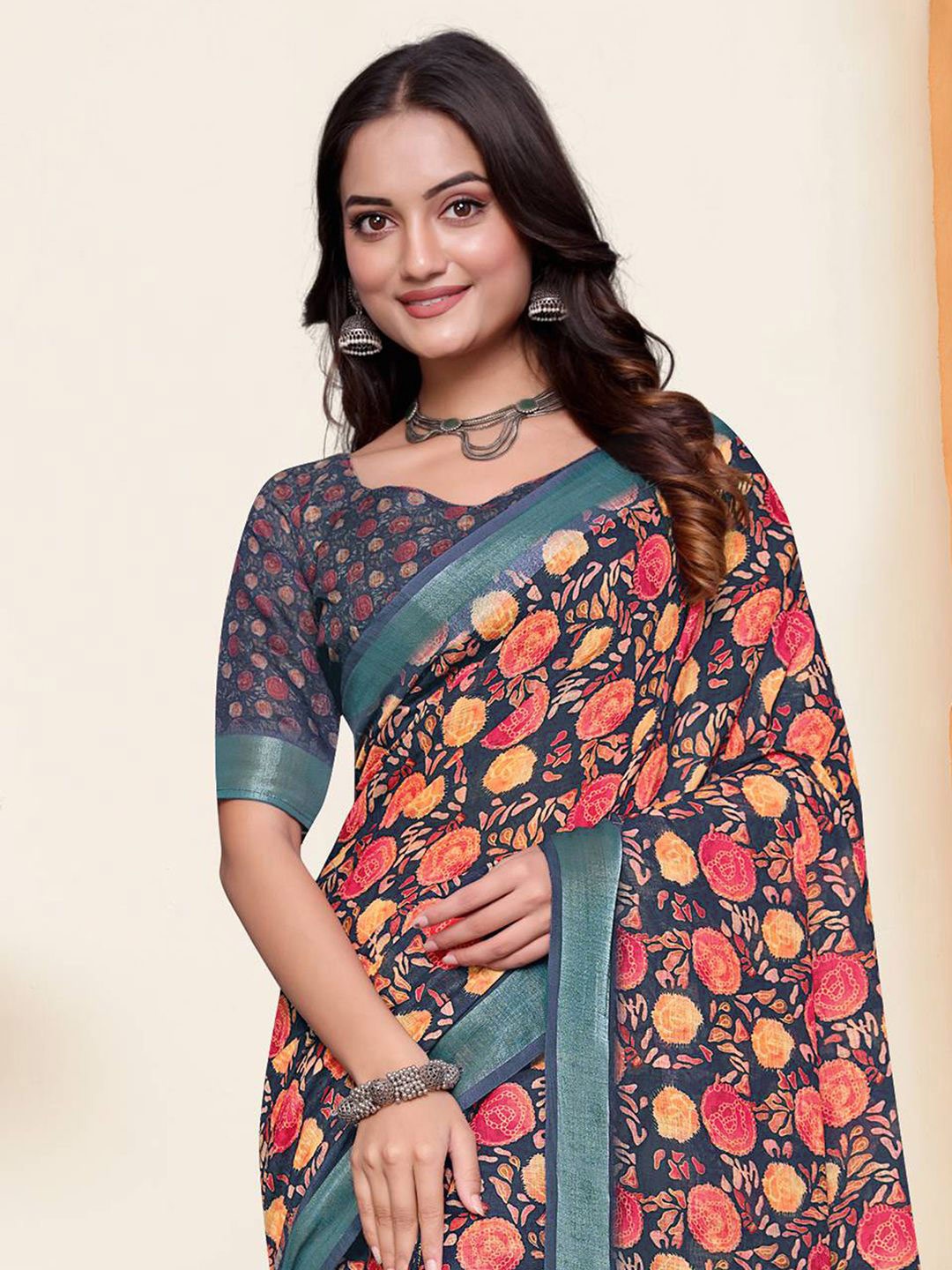 

Mitera Floral Zari Pure Linen Saree, Blue