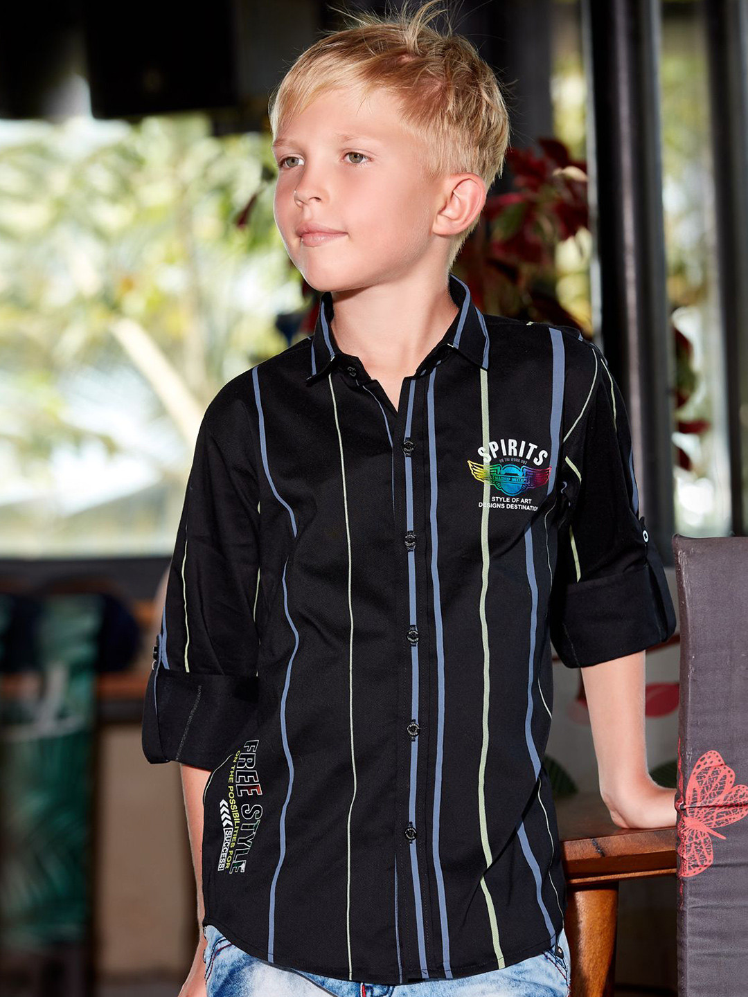 

MashUp Boys Classic Charm Cotton Opaque Striped Casual Shirt, Black