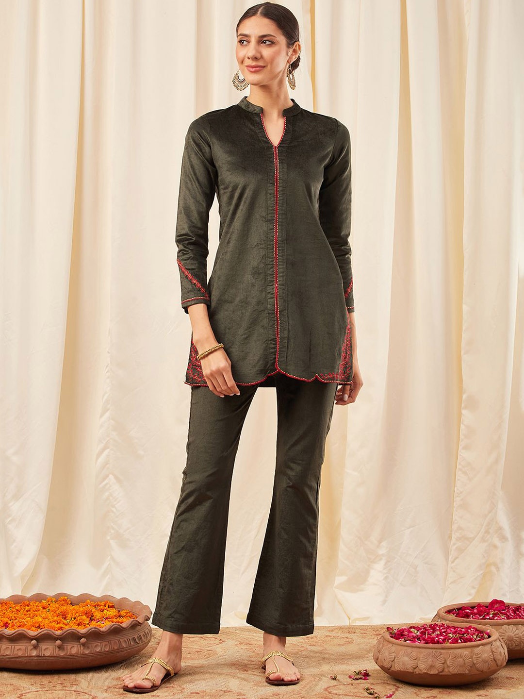 

STADO Embroidered Mandarin Collar Pure Wool Tunic & Trouser, Olive