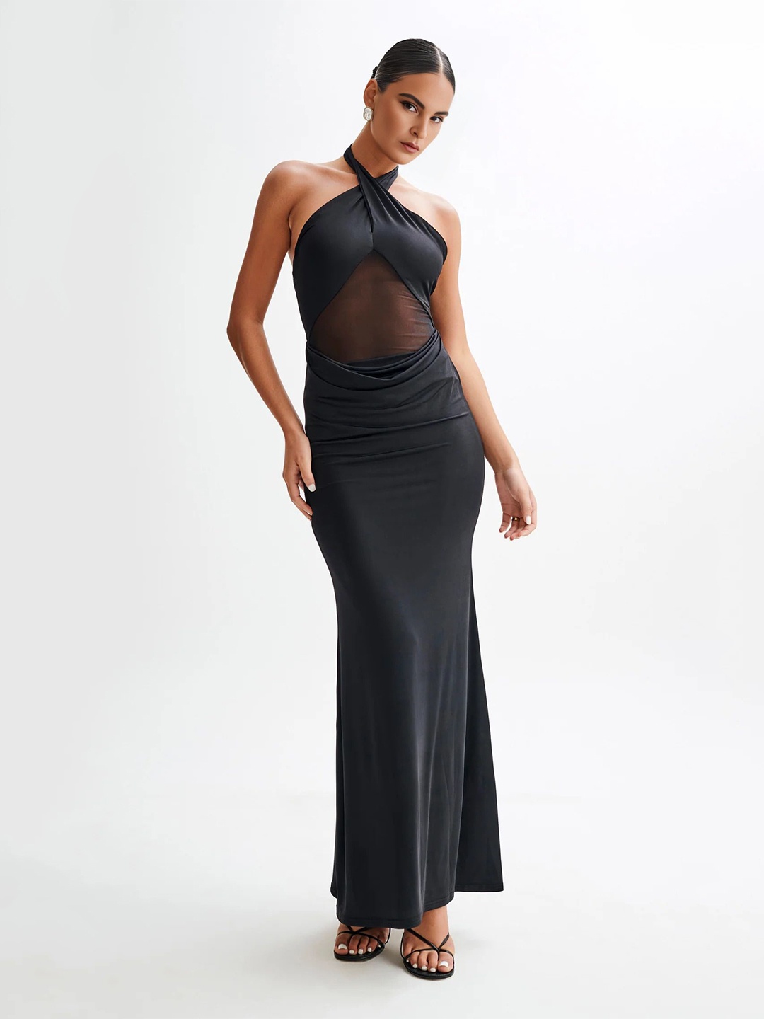 

Bee Boe Women Halter Neck Satin Maxi Dress, Black