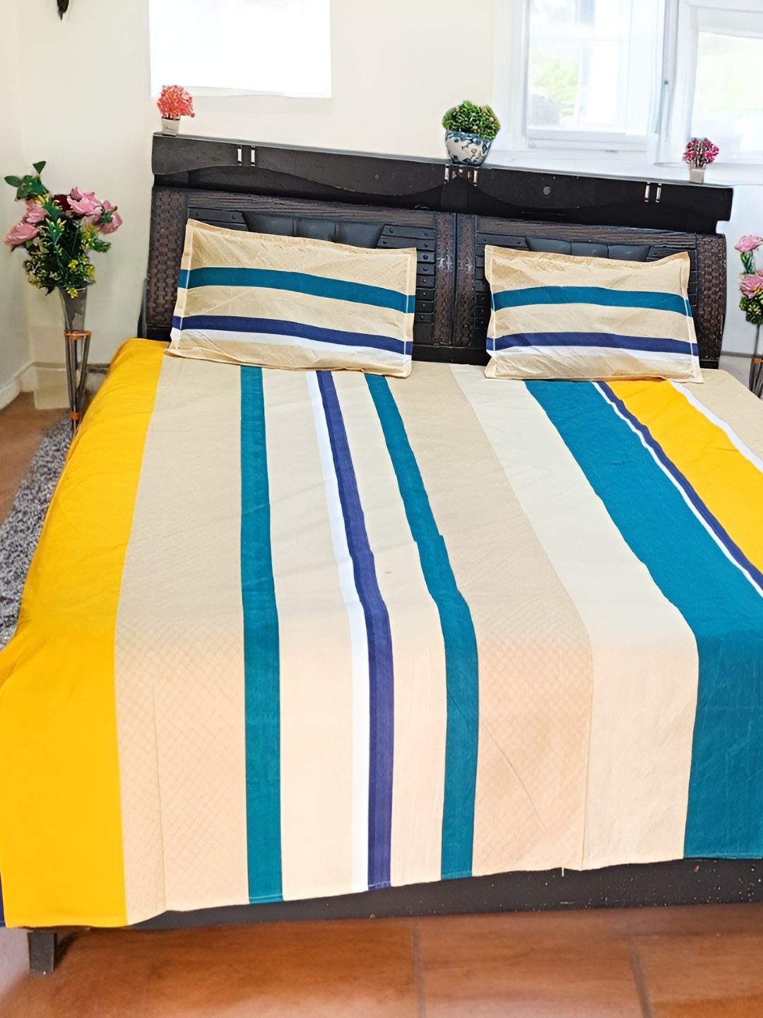 

V.R.ENTERPRISES Yellow & Blue Striped 210 TC Cotton Queen Bedsheet with 2 Pillow Covers