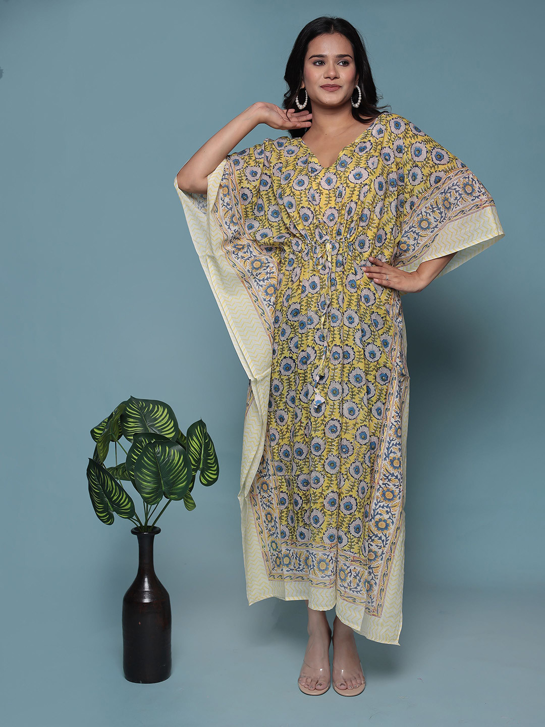 

Bohekant Women Pure Cotton Printed Maxi Kaftan Nightdress, Yellow