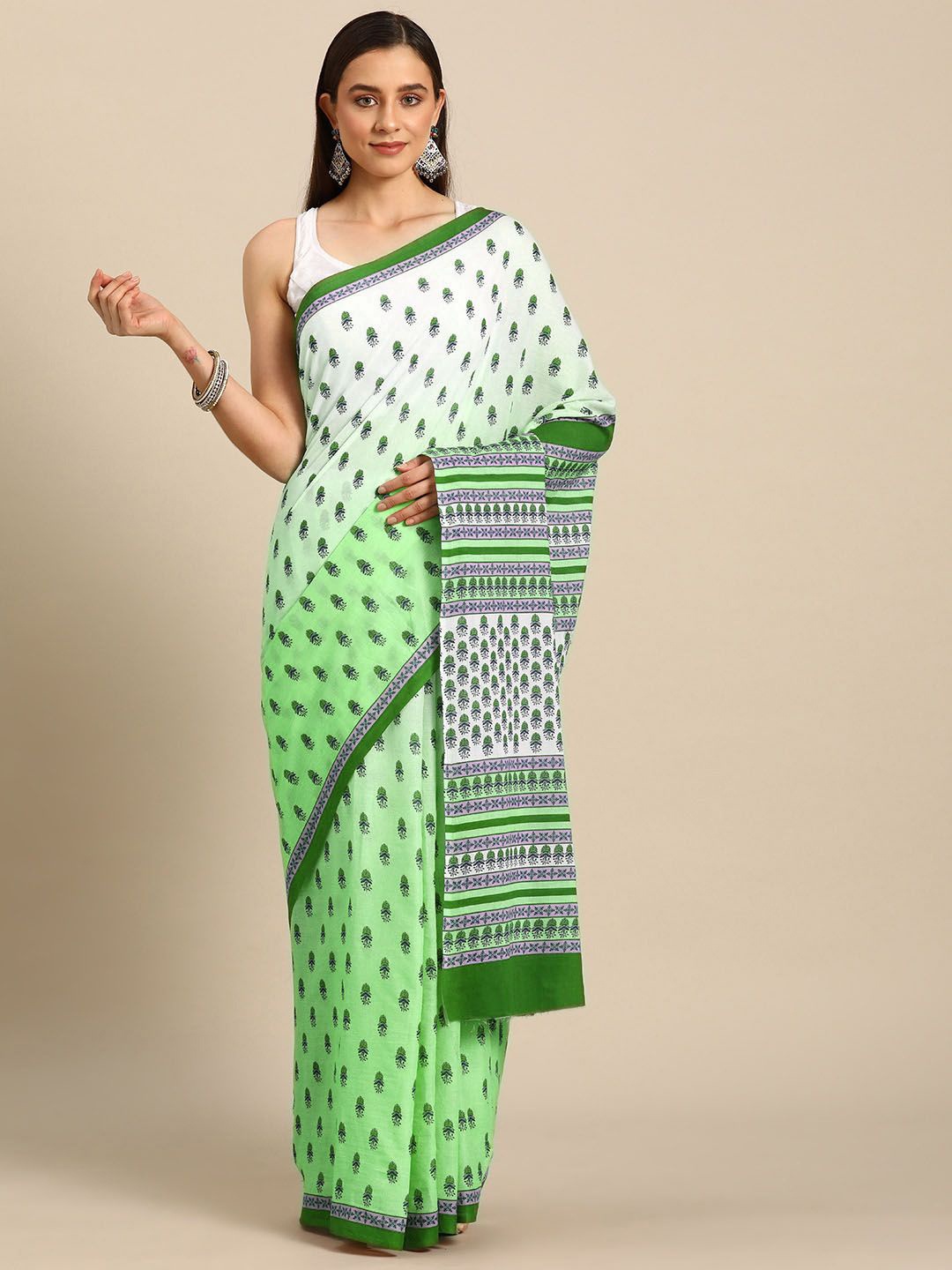 

BUTA BUTI Ethnic Motifs Printed Pure Cotton Saree, Green