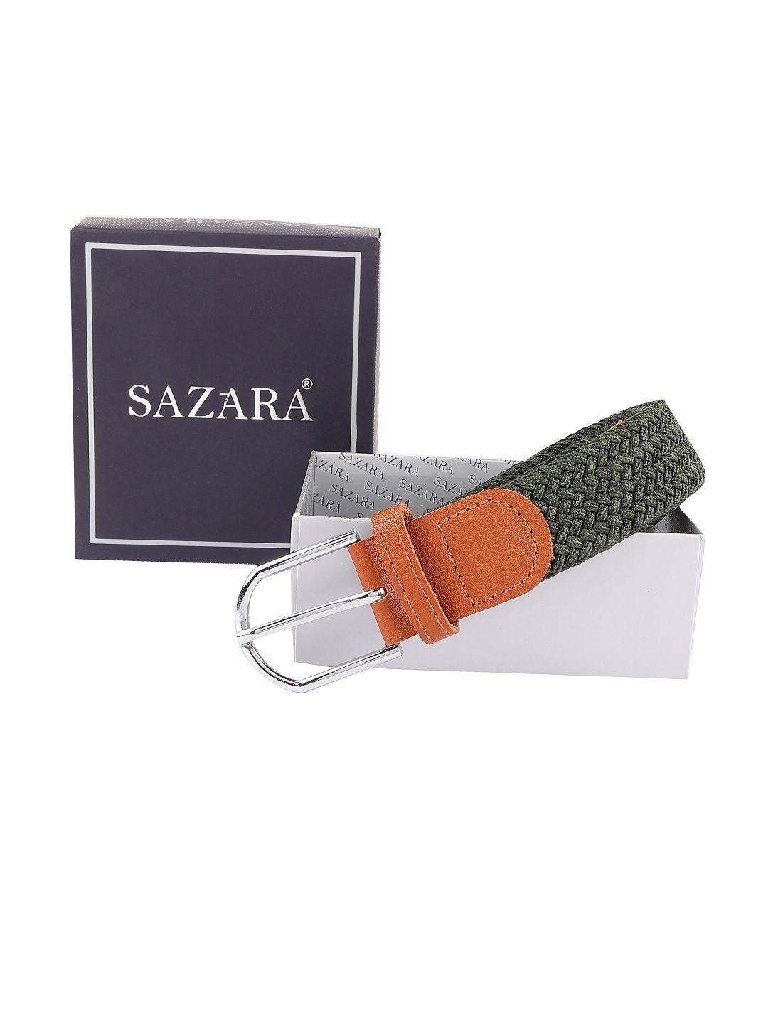 

SAZARA Men Tang Closure Braided Stretchable Belt, Green