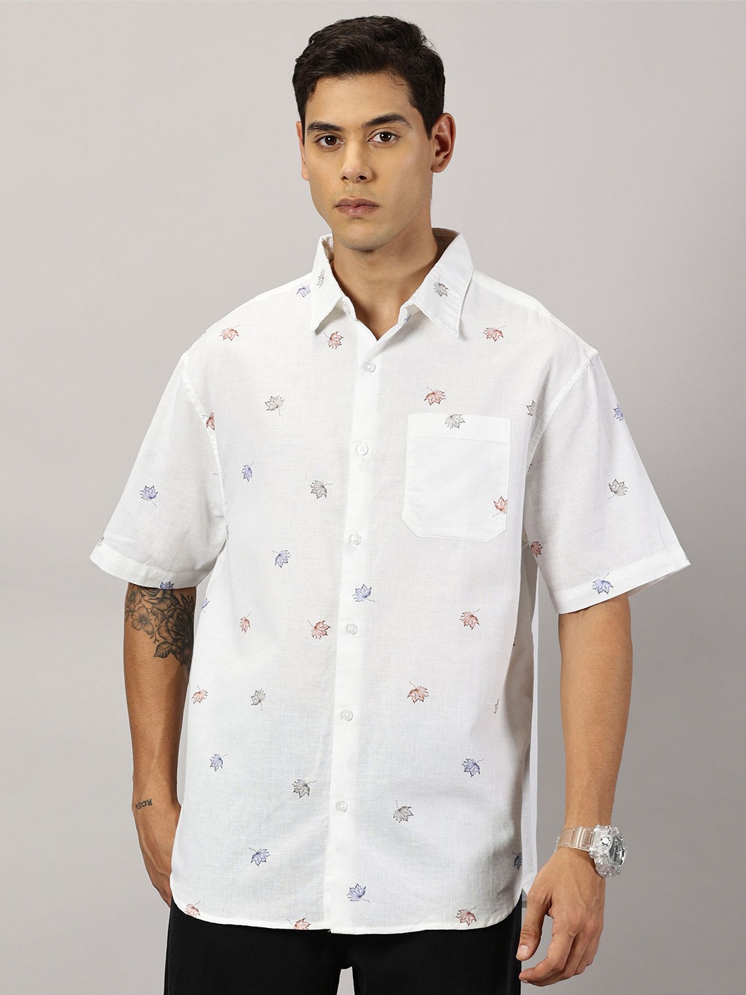 

THIRD QUADRANT Men Relaxed Opaque Printed Oversized Casual Shirt, White
