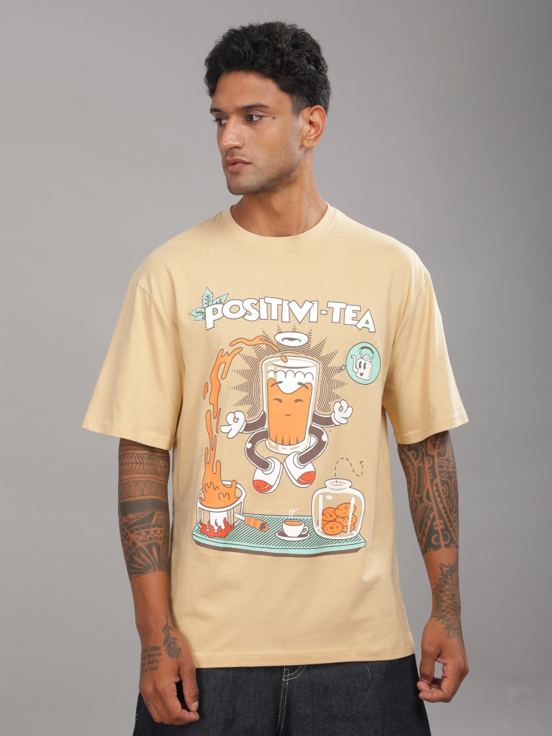 

TOMHIDDLE Men Graphic Printed Round Neck Cotton Oversized T-shirt, Peach
